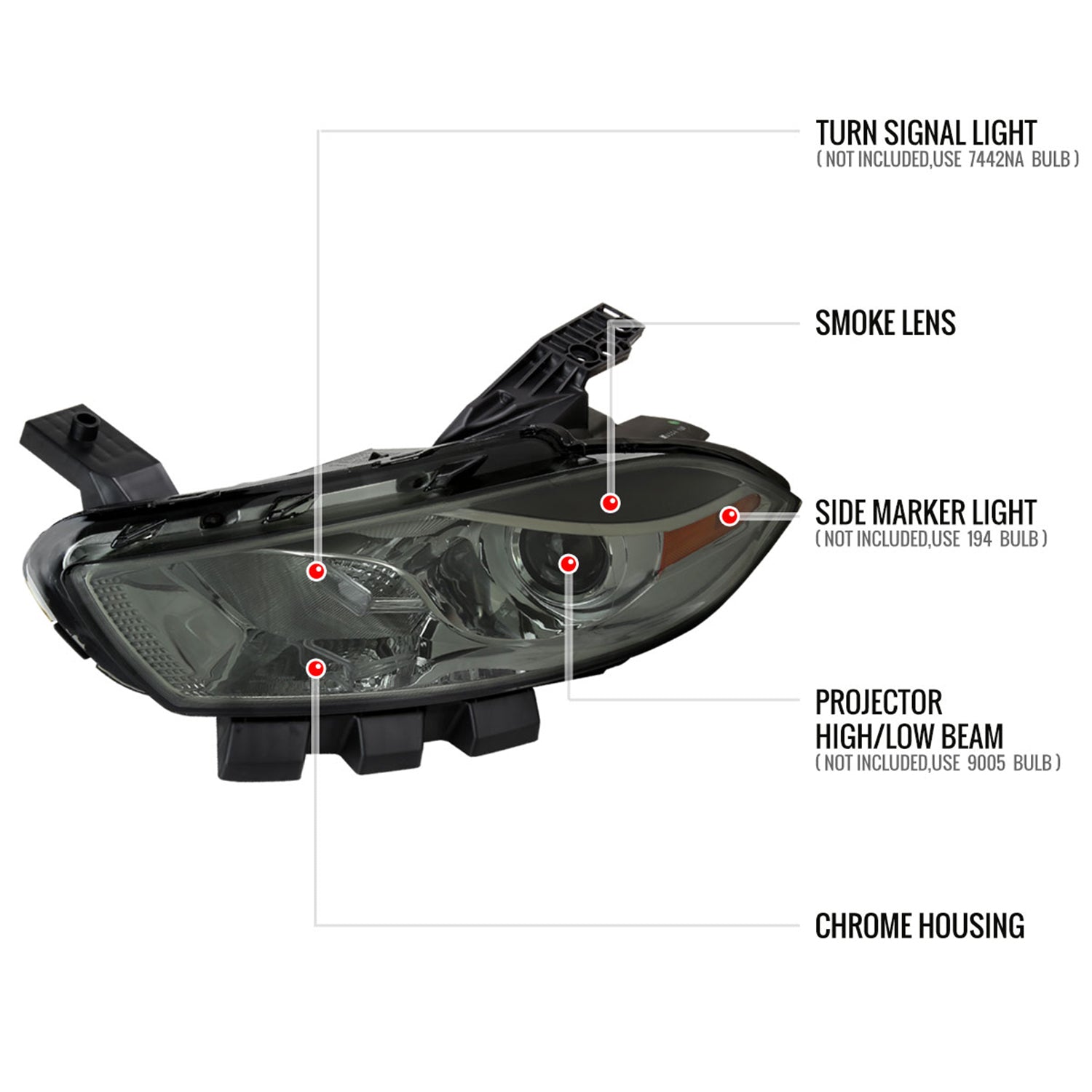 2013-2016 Dodge Dart Factory Headlights w/Projector High/Low Beam Chrome/Smoke