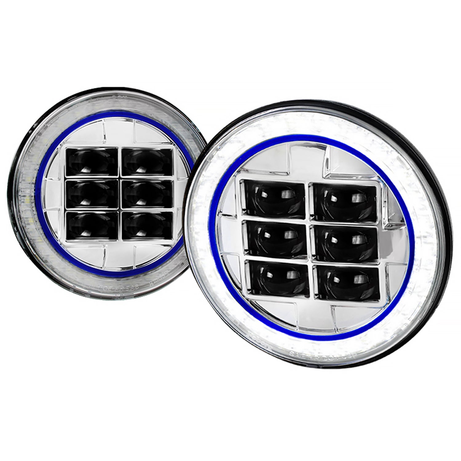 Universal 7" Round Cree LED Blue Rim Halo Projector Headlights 2PC Chrome/Clear