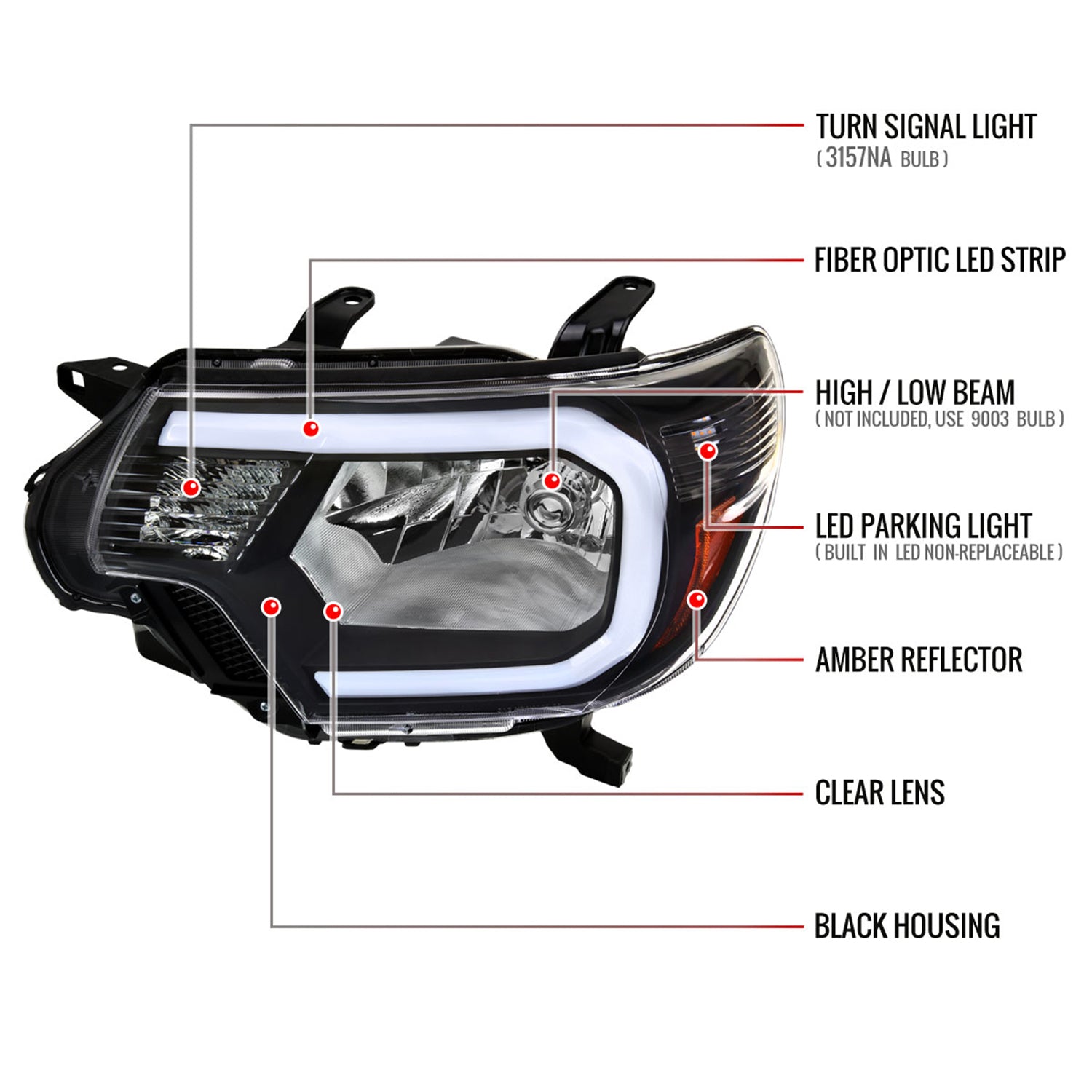 2012-2015 Toyota Tacoma LED Bar Factory Headlights Amber Reflector Matt Black