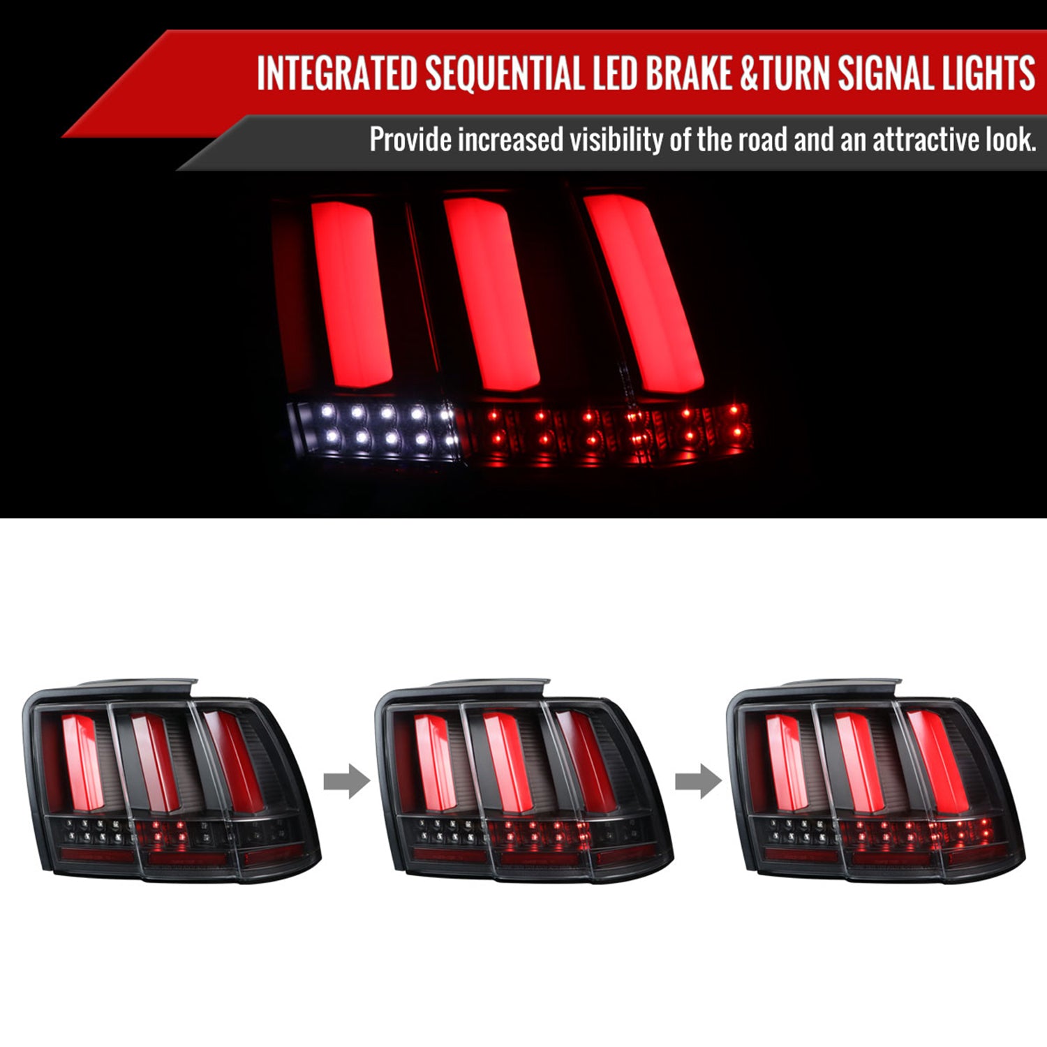 1999-2004 Ford Mustang Sequential LED Tail Lights Black Housing/Clear Lens