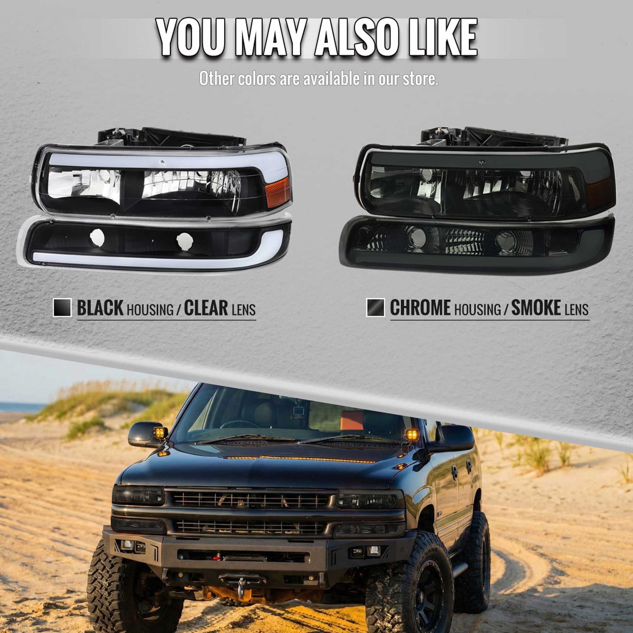 For Chevrolet Silverado Tahoe Suburban 1999-2002 LED Bar Style Headlights Bumper Light Matte Black Housing Clear Lens