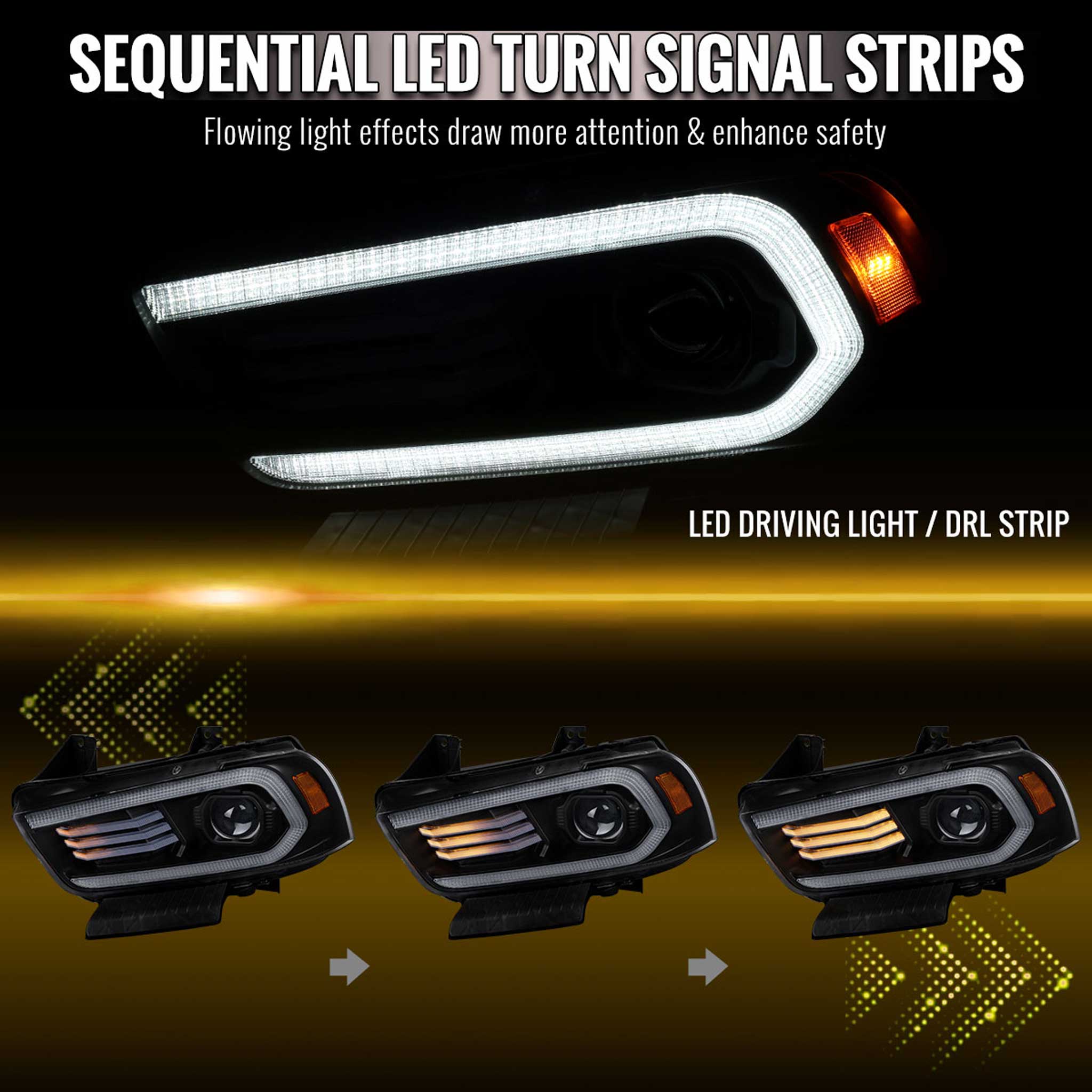 For Dodge Charger 2011-2014 Headlights LED DRL Light Strip Turn Signal Side Marker Black Housing Clear Lens