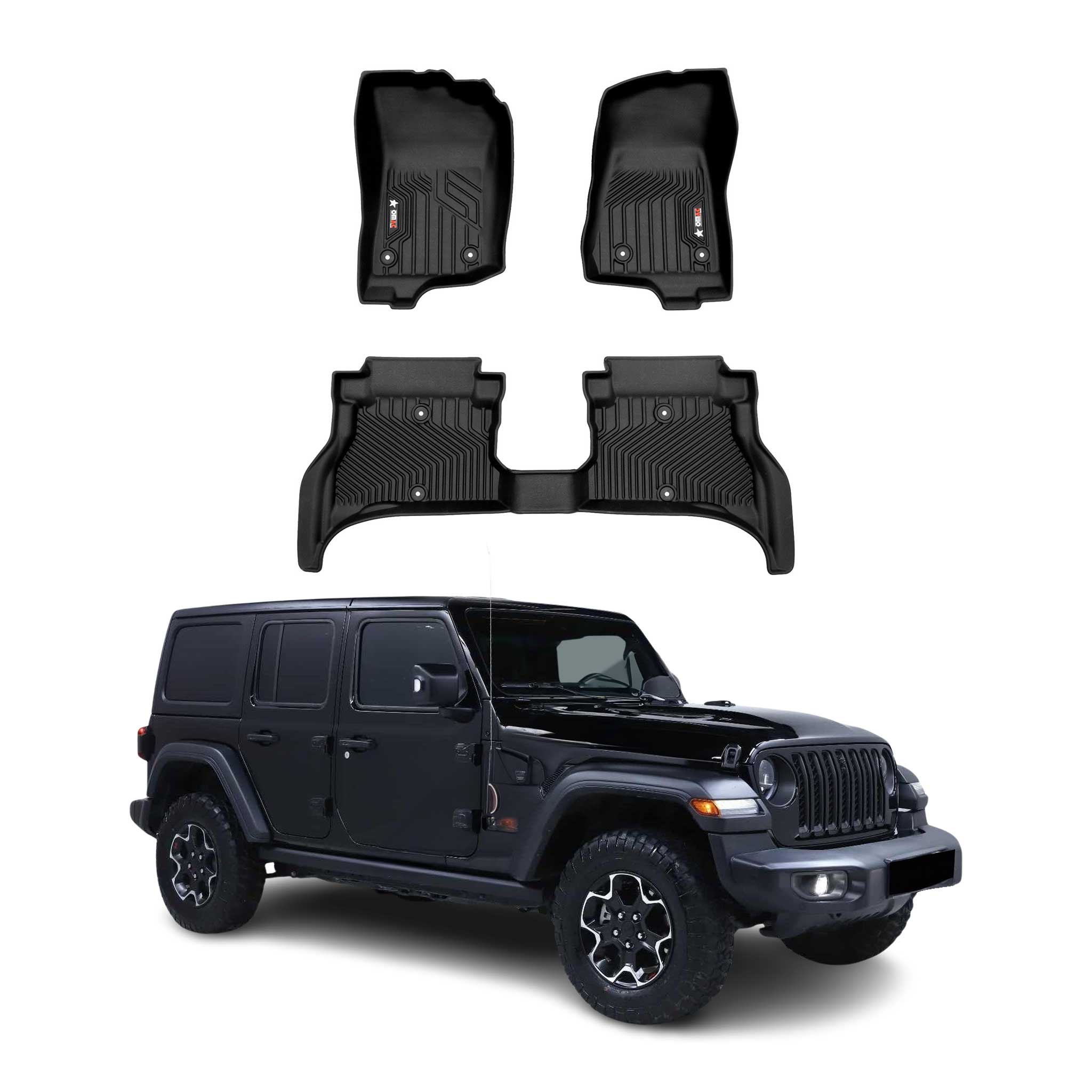 2021-2024 Jeep Wrangler 4xe Premium Floor Mats Liners First and Second Row Set Black