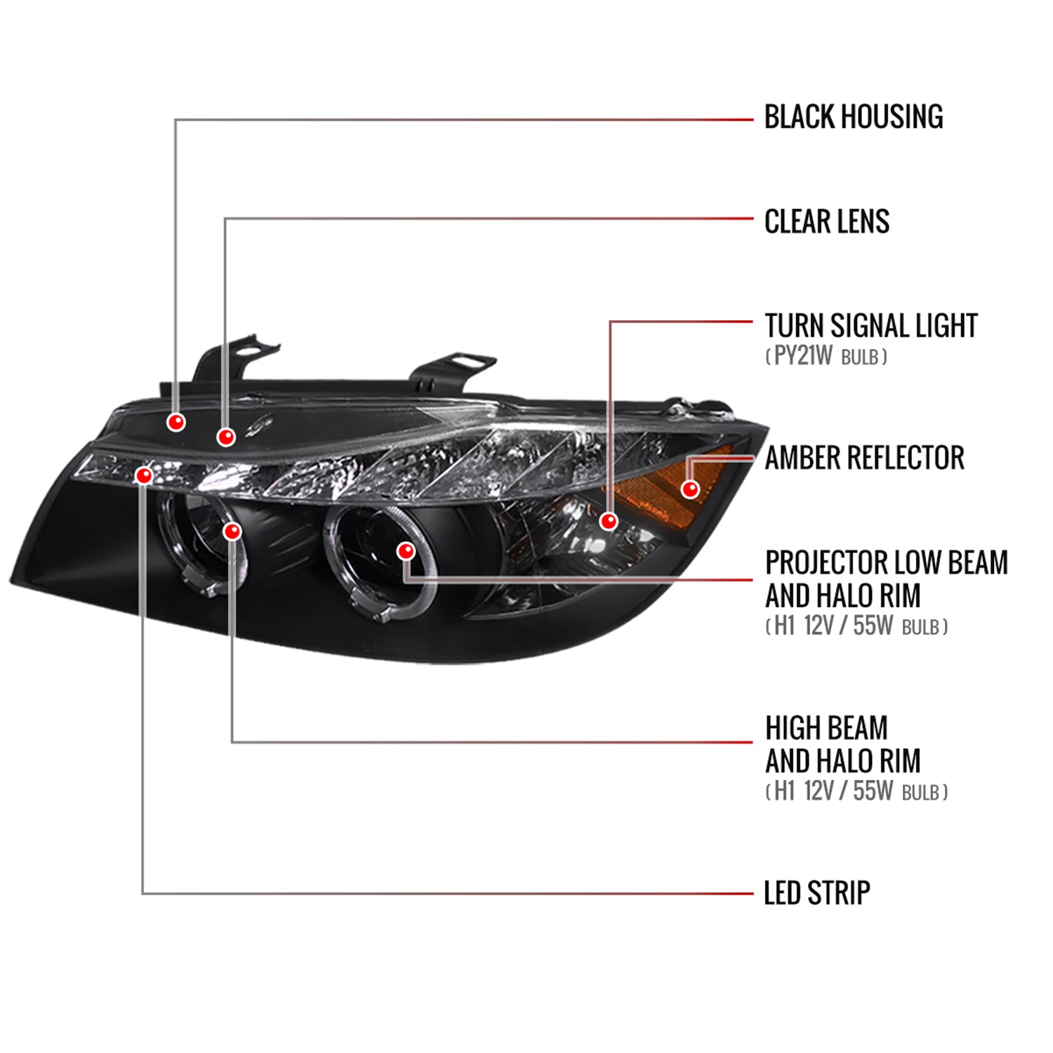 2006-2008 BMW E90 3 Series Sedan Dual Halo Projector Headlights LED Black