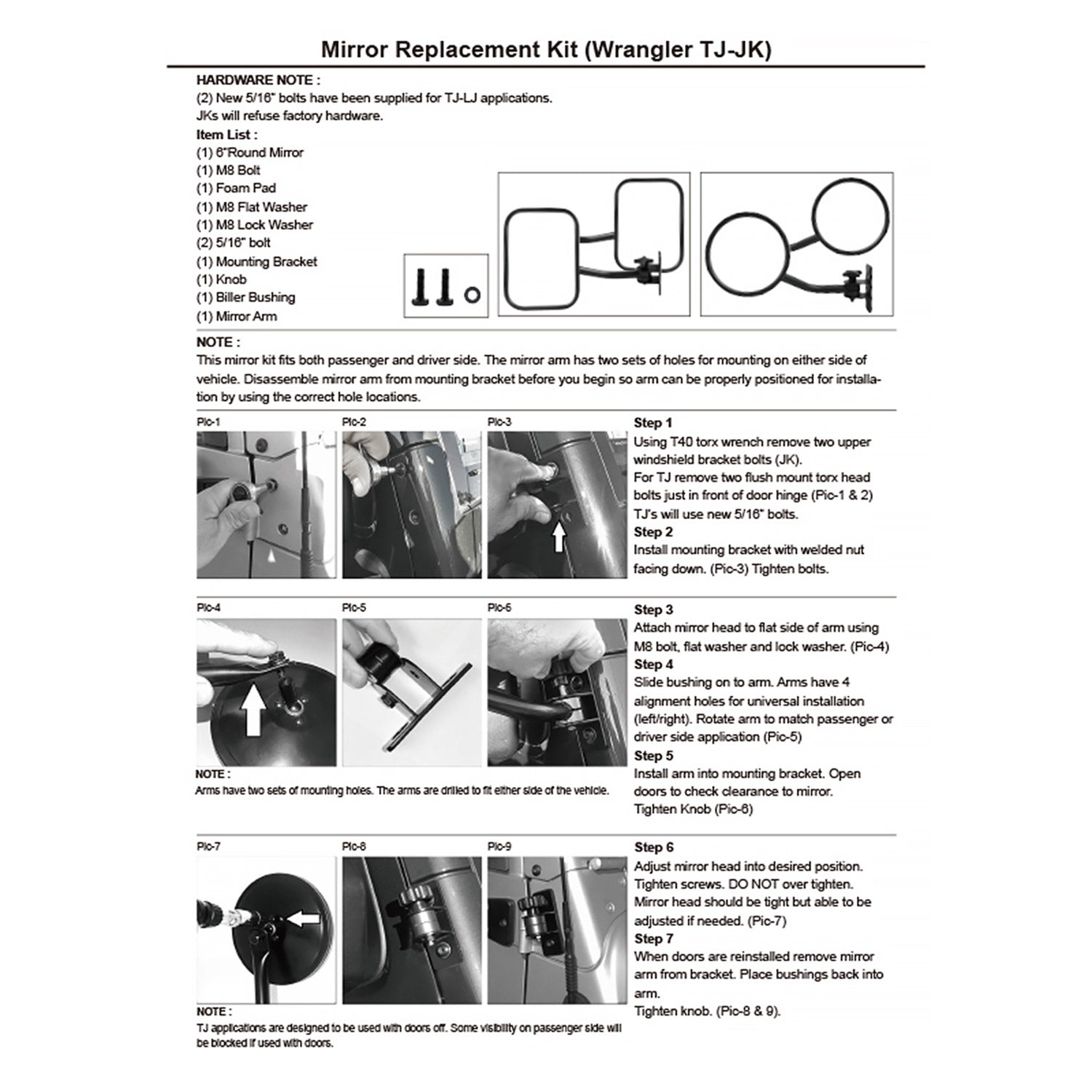 1997-2018 Jeep Wrangler TJ JK Quick Release Black Steel Round Side Mirrors