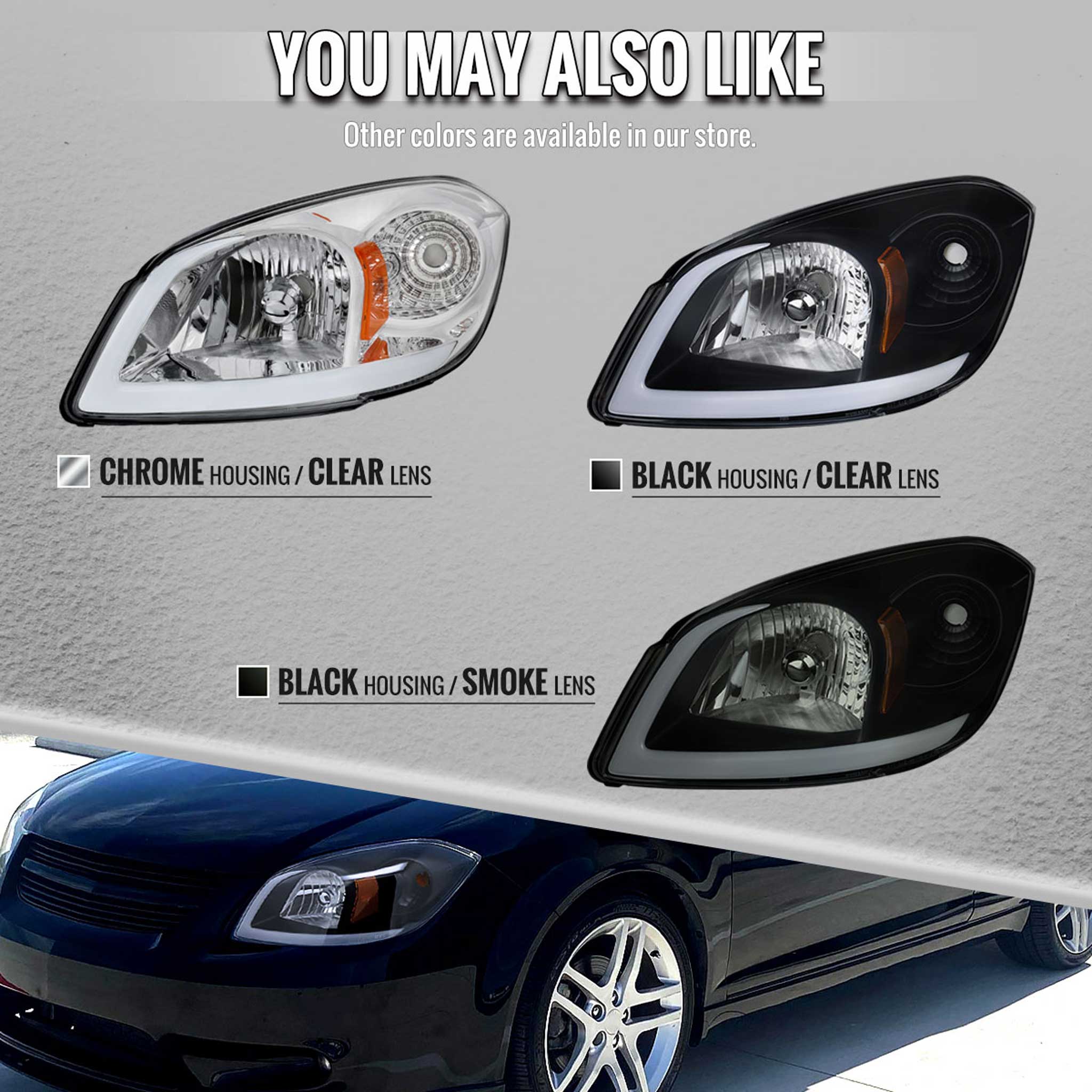 For Chevrolet Cobalt / Pontiac G5 2005-2010 LED Bar Projector Headlights LED DRL Light Tube Black Housing Clear Lens