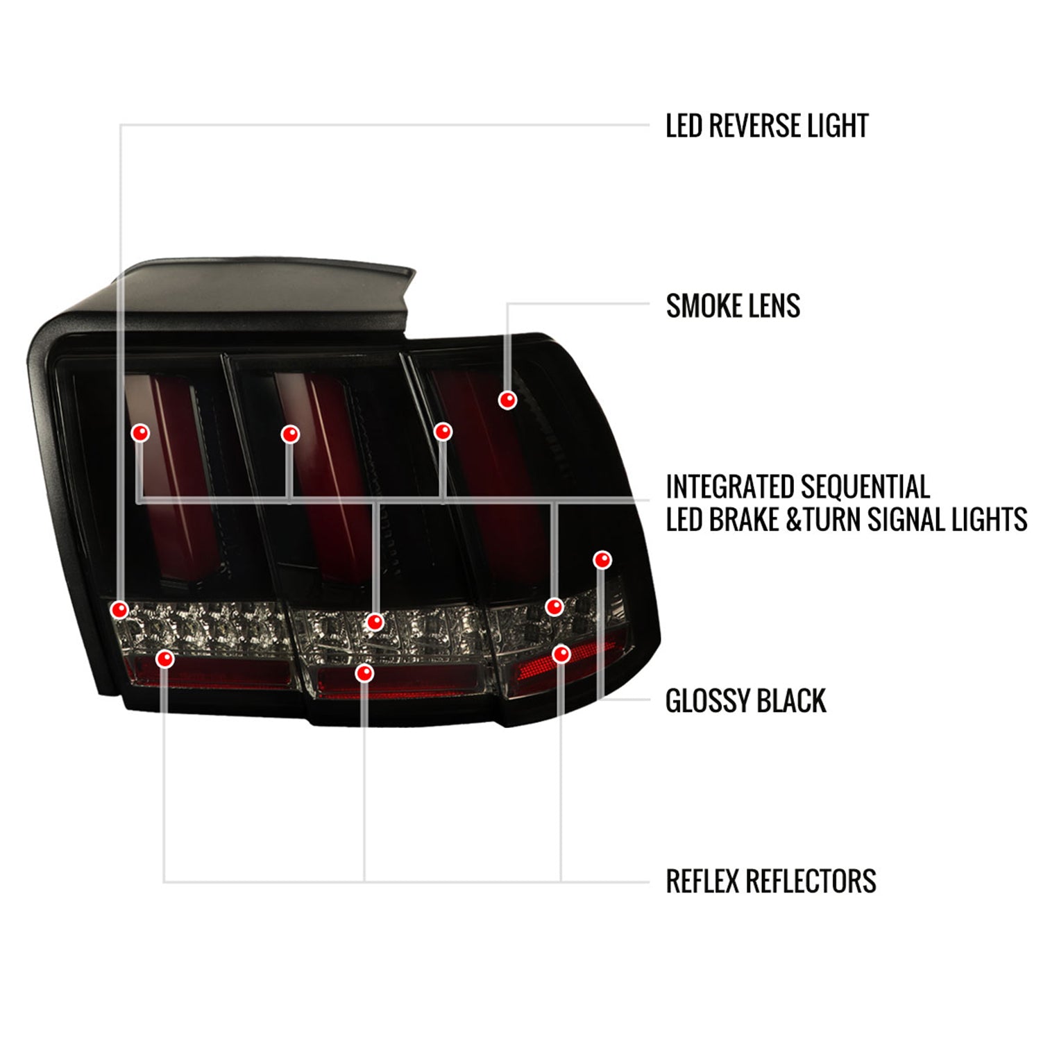 1999-2004 Ford Mustang Red Marker LED Tail Lights Glossy Black/Smoke