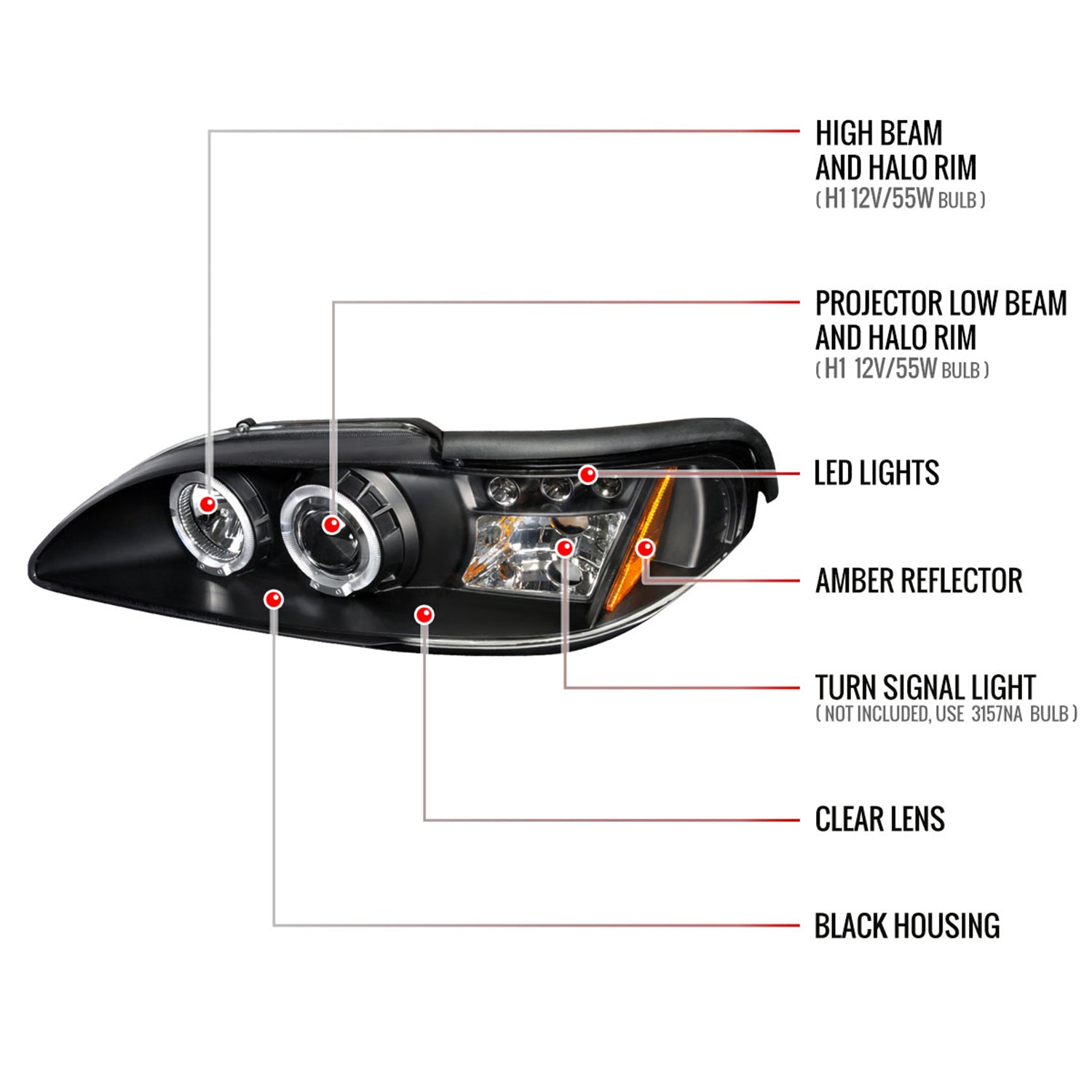 1994-1998 Ford Mustang Dual Halo Projector Headlights Matte Black/Clear Lens