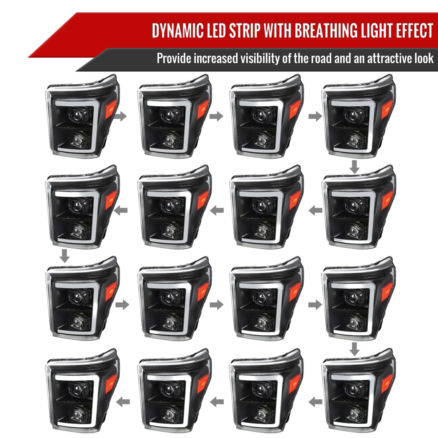 2011-2016 Ford F-250 F-350 F-450 F-550 LED CBar Projector Headlights Black