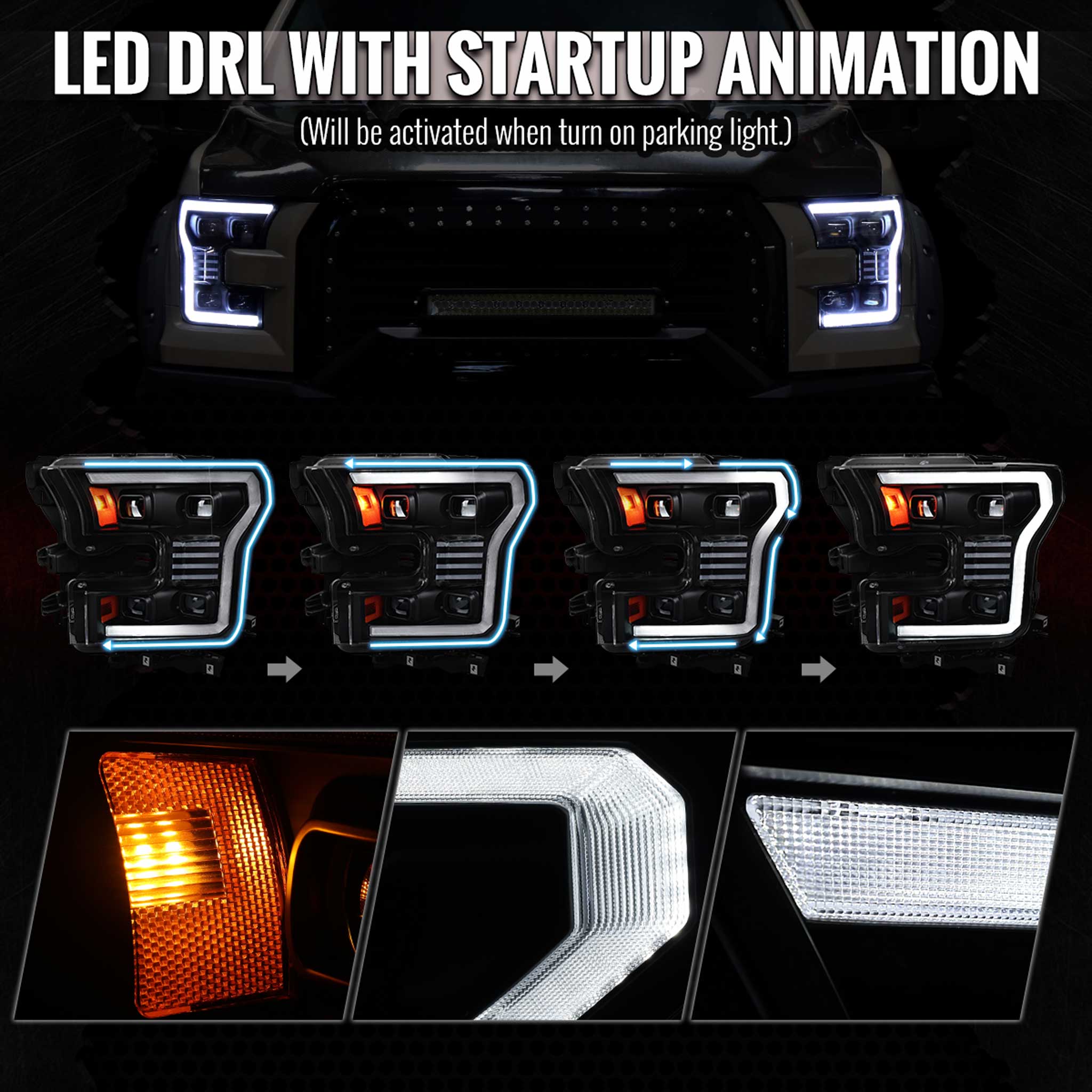 For Ford F-150 2015-2017 LED Headlights LED Turn Signals DRL Parking Light Strip Black Housing Clear Lens