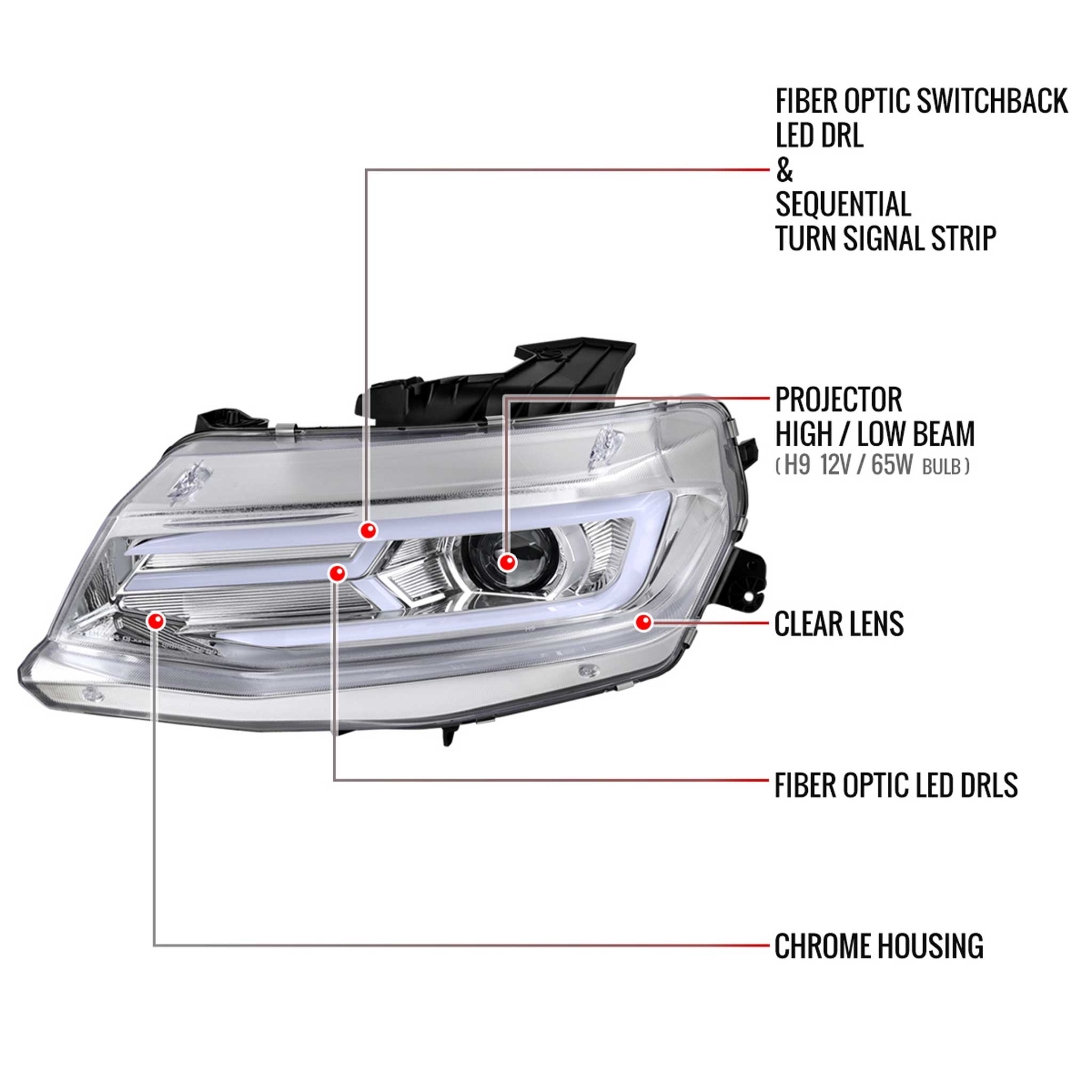 For Chevrolet Camaro 2016-2018 LED Strip Projector Headlights Turn Signal Lights Chrome Housing Clear Lens