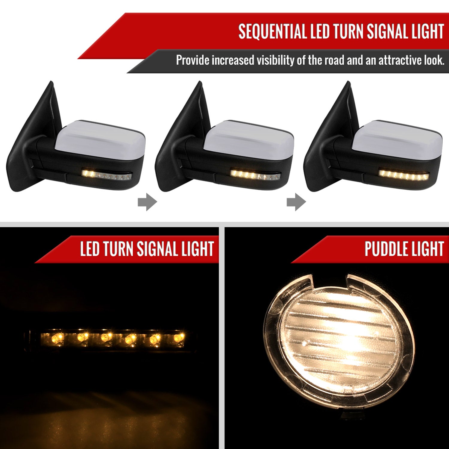 2007-2014 Ford F150 Chrome Heated Side Mirrors LED Turn Signal & Puddle Light