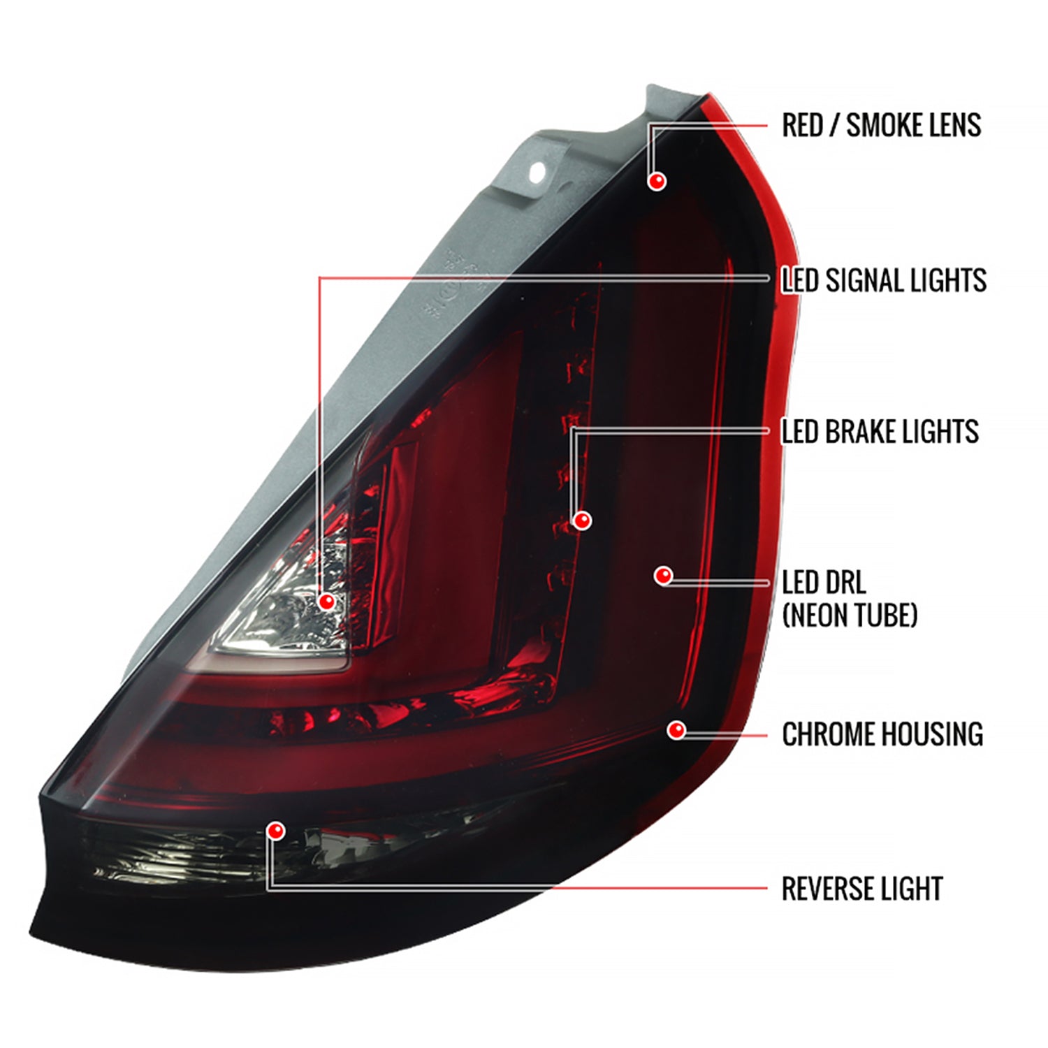 2011-2013 Ford Fiesta Hatchback LED Tail Lights Chrome/Red Smoke Lens