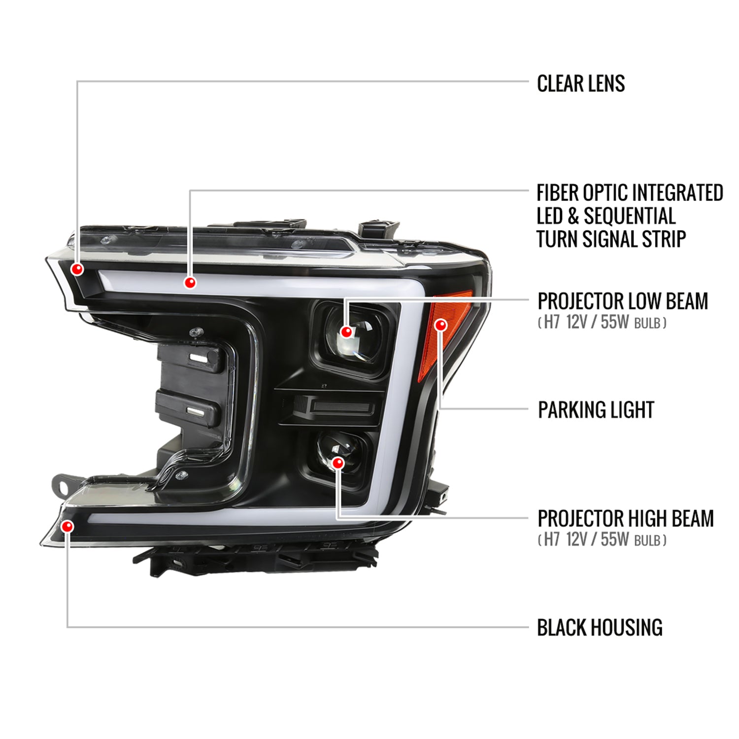 2018-2020 Ford F-150 LED CBar Projector Headlights Signal Lights Black / Clear