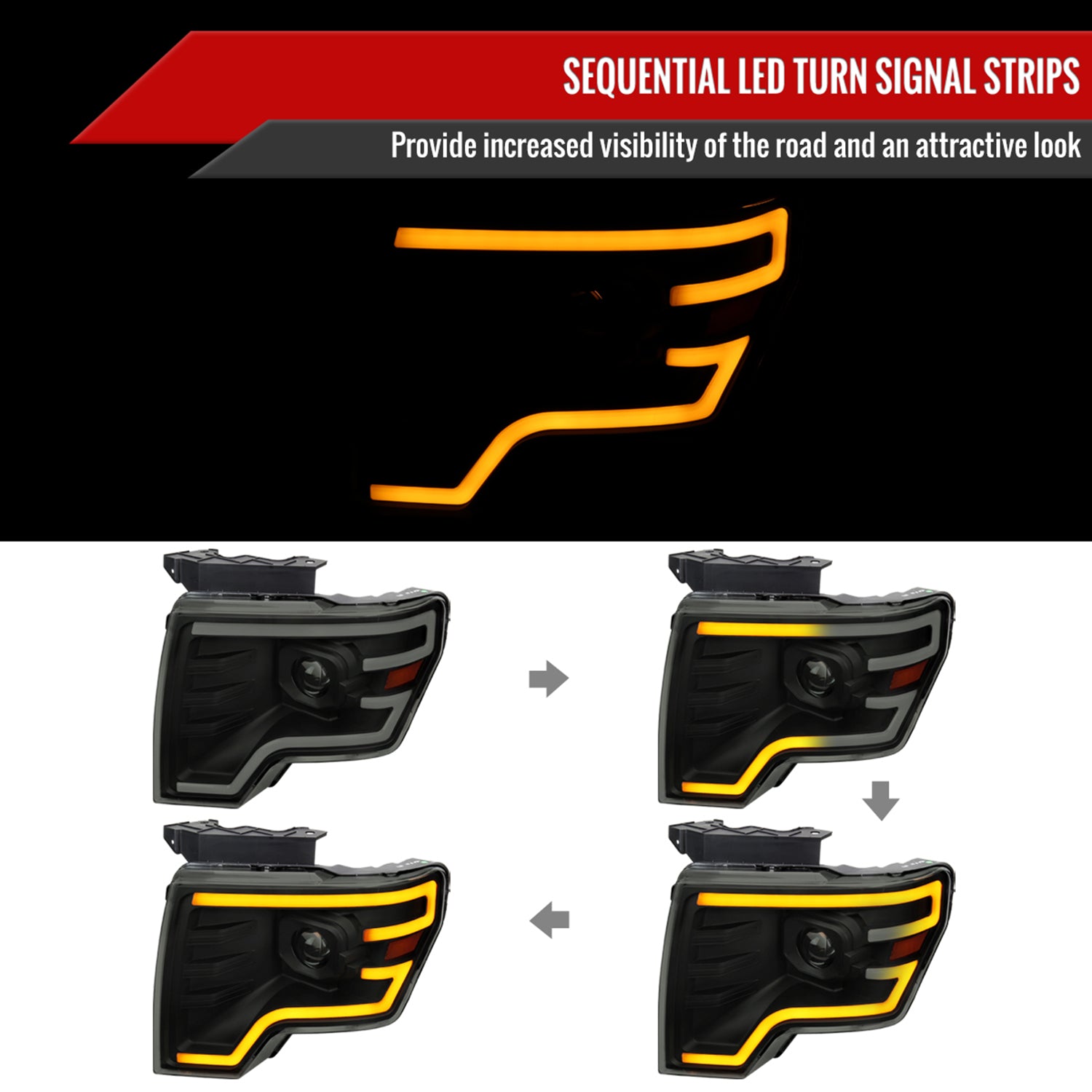 2009-2014 Ford F-150 Sequential LED Turn Signal Projector Headlights Smoke