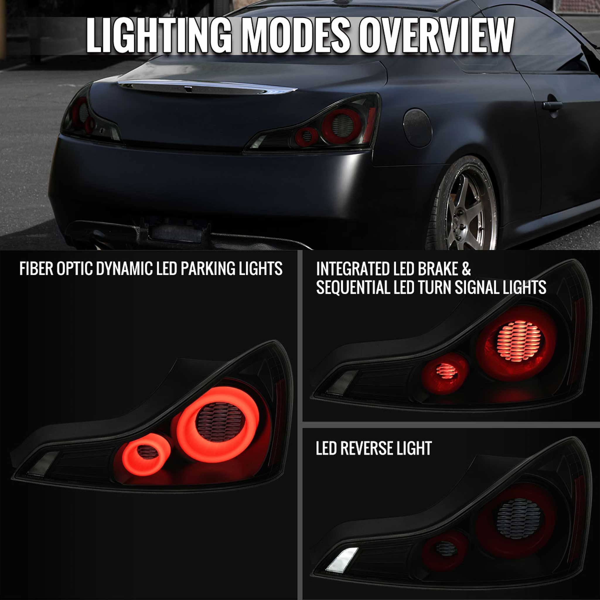 For Infiniti G37 2008-13 / Q60 Coupe 2014-15 Red LED Tail Lights Switchback Sequential Turn Signals Black Housing Smoked Lens