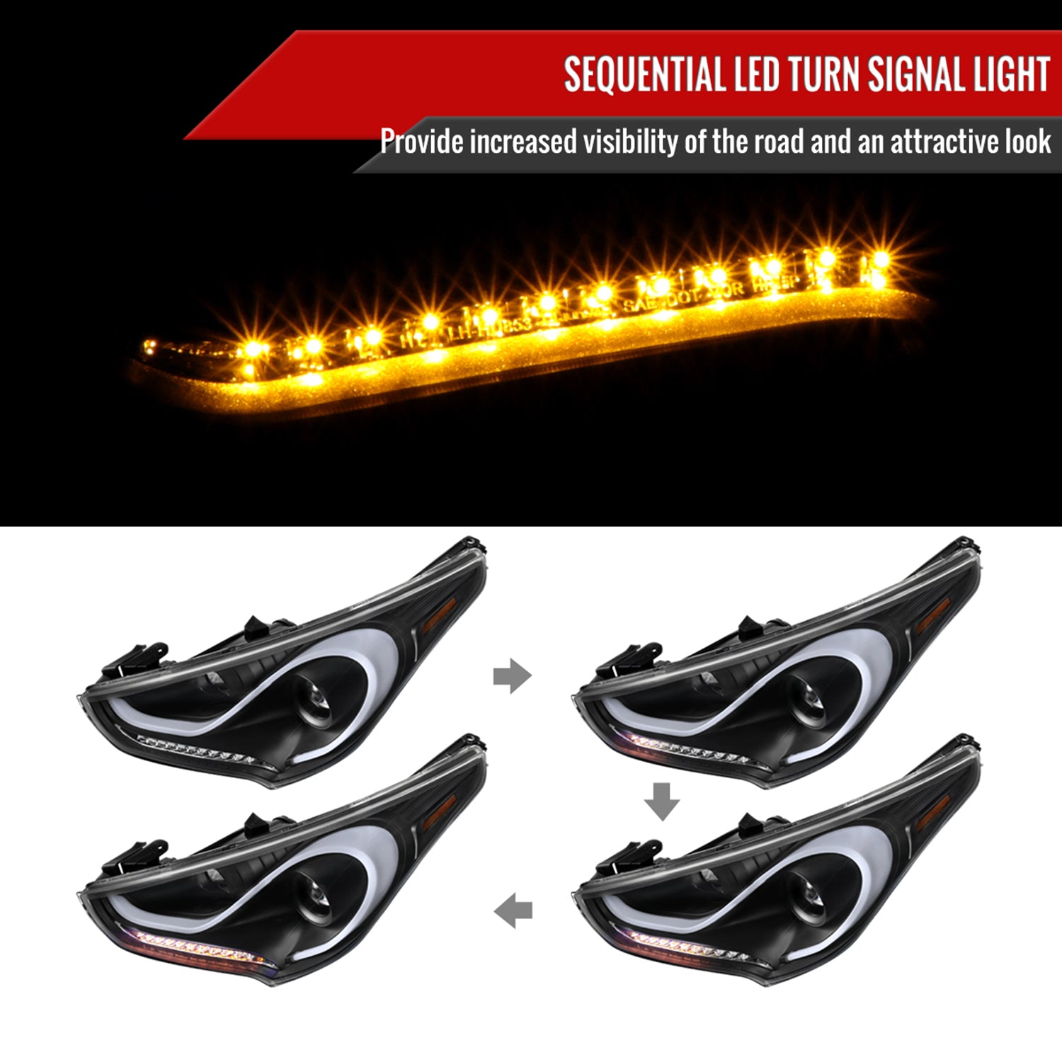 2012-2017 Hyundai Veloster LED Bar Projector Headlight Signal Lights Black