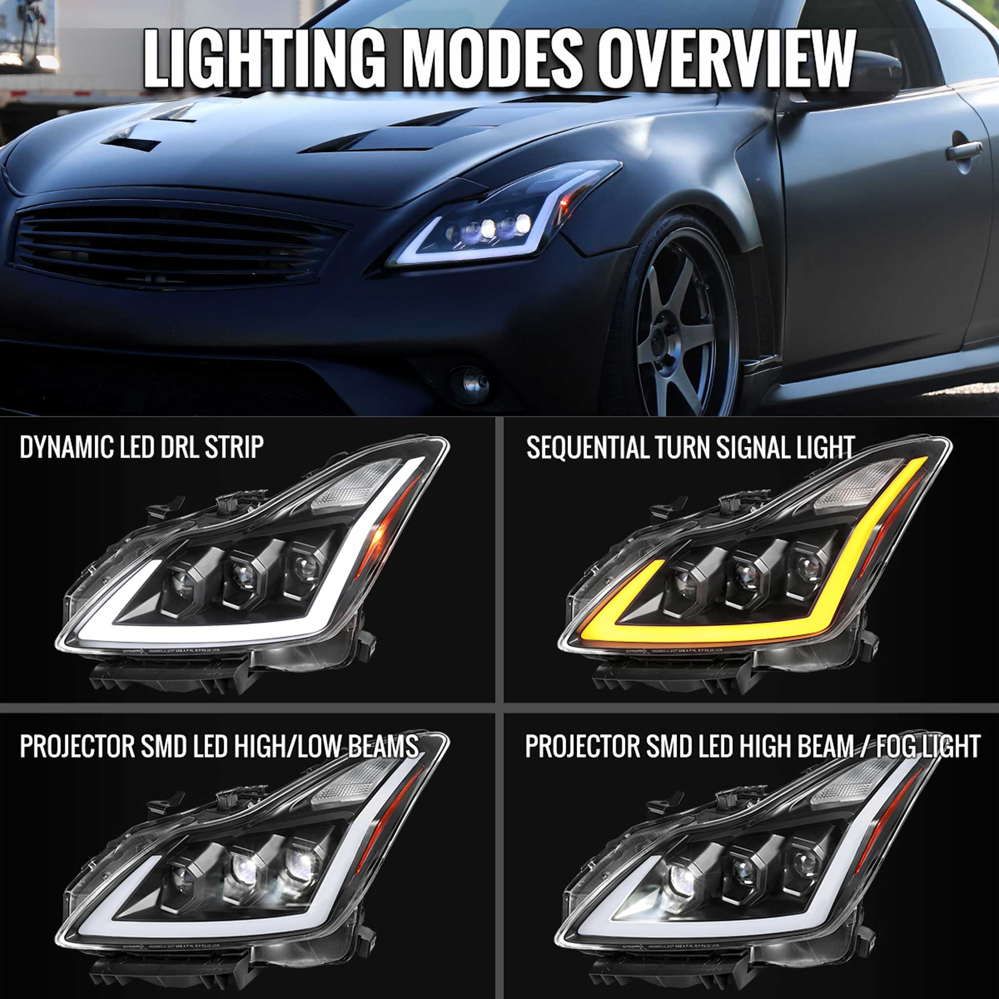 For Infiniti G37 2008-13 / Q60 Coupe 2014-15 LED Triple Projector Headlights Sequential Matte Black Clear Lens Switchback