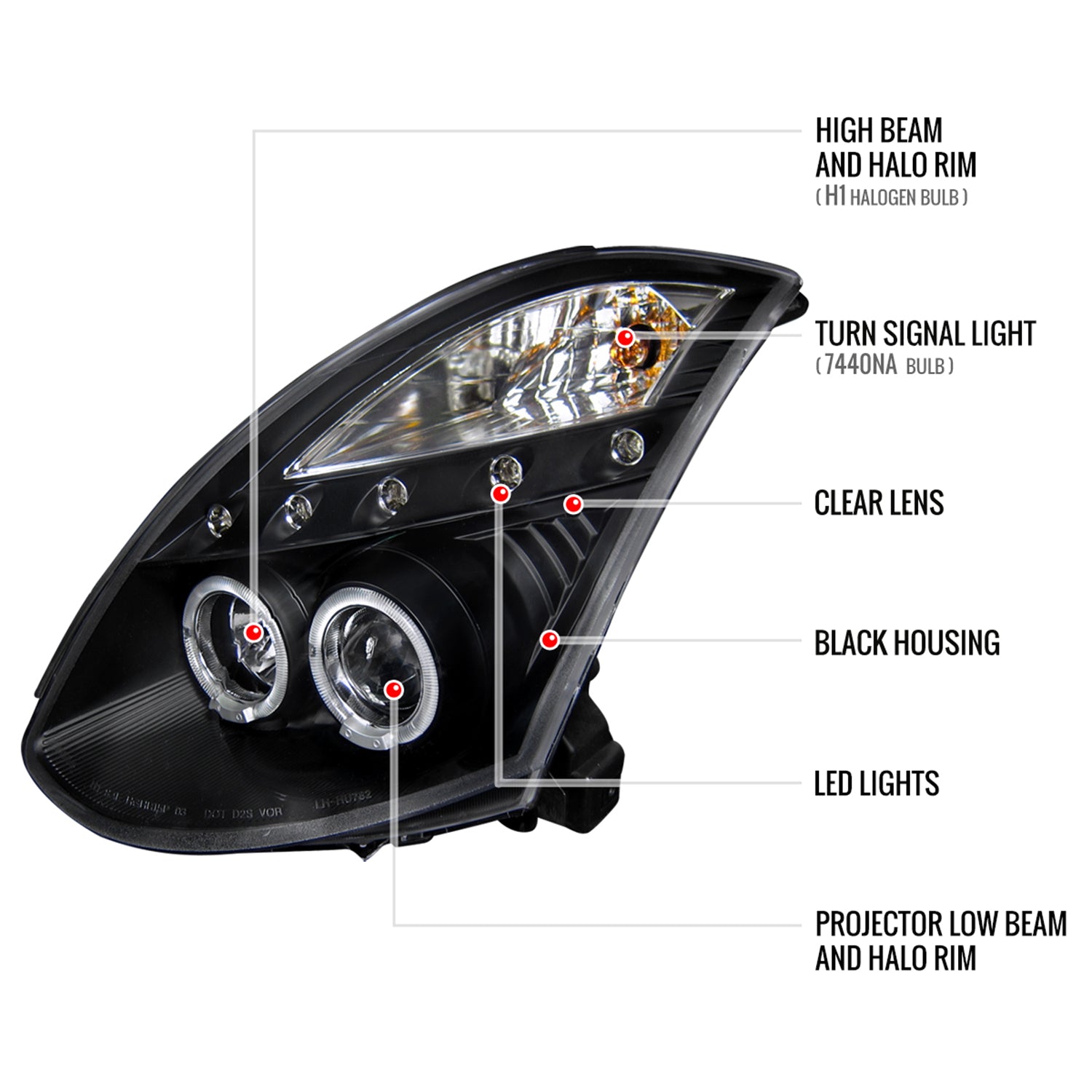 2003-2007 Infiniti G35 Coupe Dual Halo Projector Headlights Matte Black/Clear