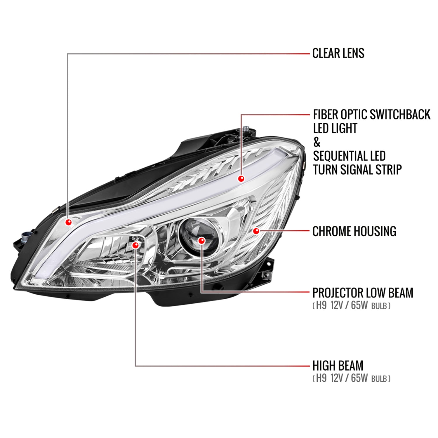 2012-2014 Mercedes-Benz W204 C-Class LED Bar Projector Headlights Chrome