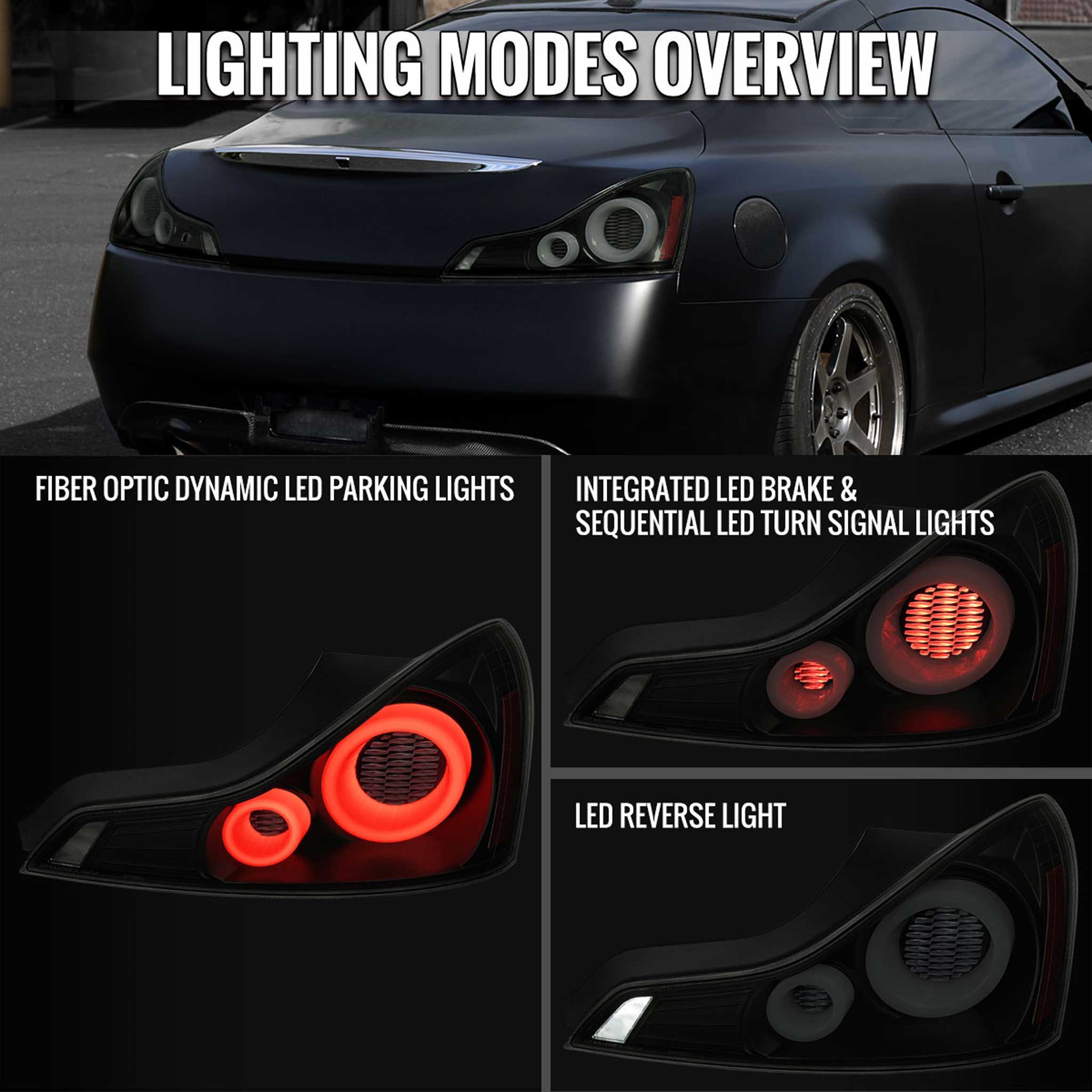 For Infiniti G37 2008-13 / Q60 Coupe 2014-15 LED Tail Lights Switchback Sequential Turn Signals Black Housing Smoked Lens