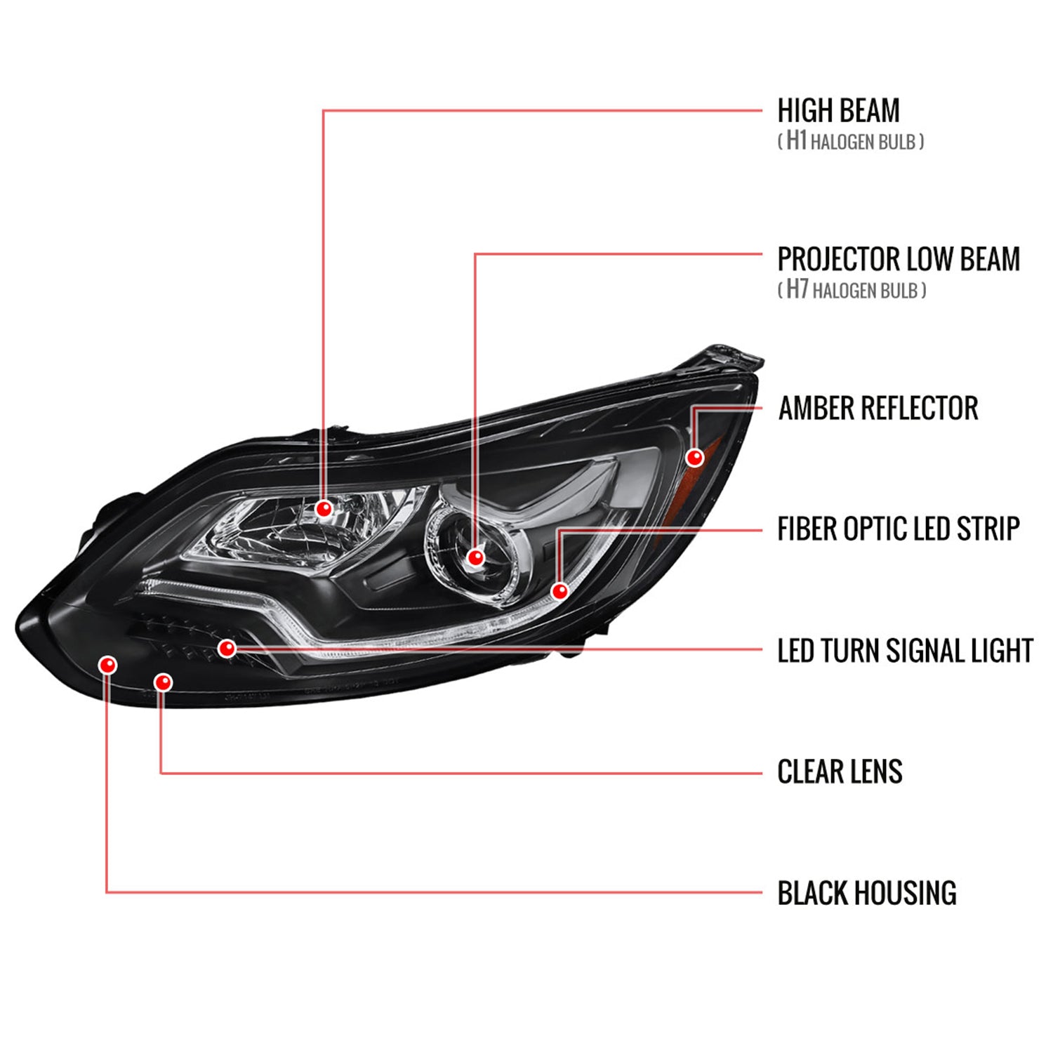 2012-2014 Ford Focus LED Bar Projector Headlights LED Turn Signal Lights Black