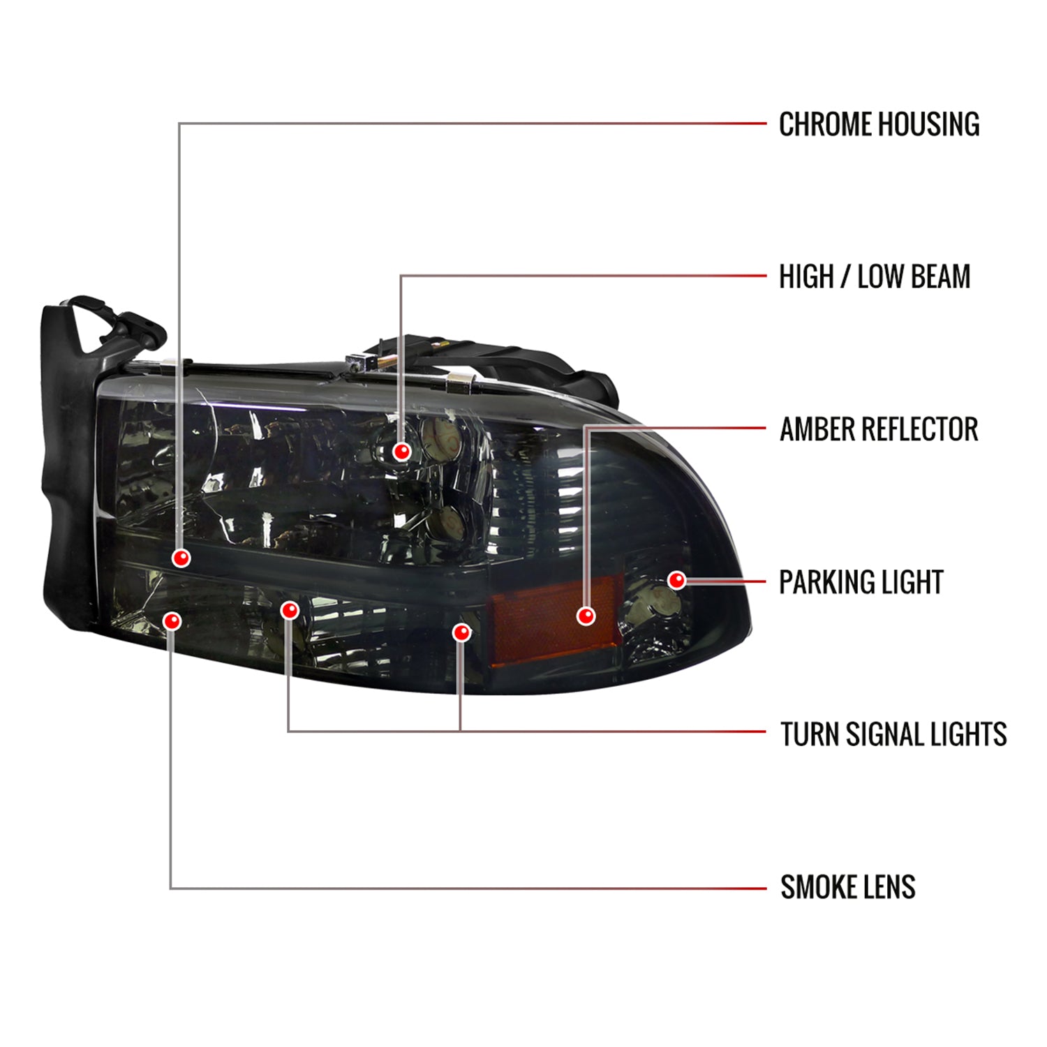 1997-2004 Dodge Dakota/98-2003 Durango Crystal Headlights Amber Reflector Smoke