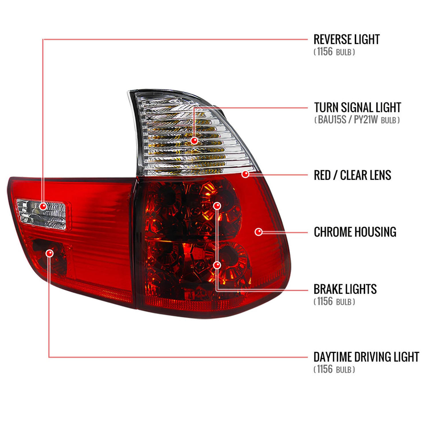 2000-2006 BMW E53 X5 Tail Lights Chrome Housing/Red Clear Lens