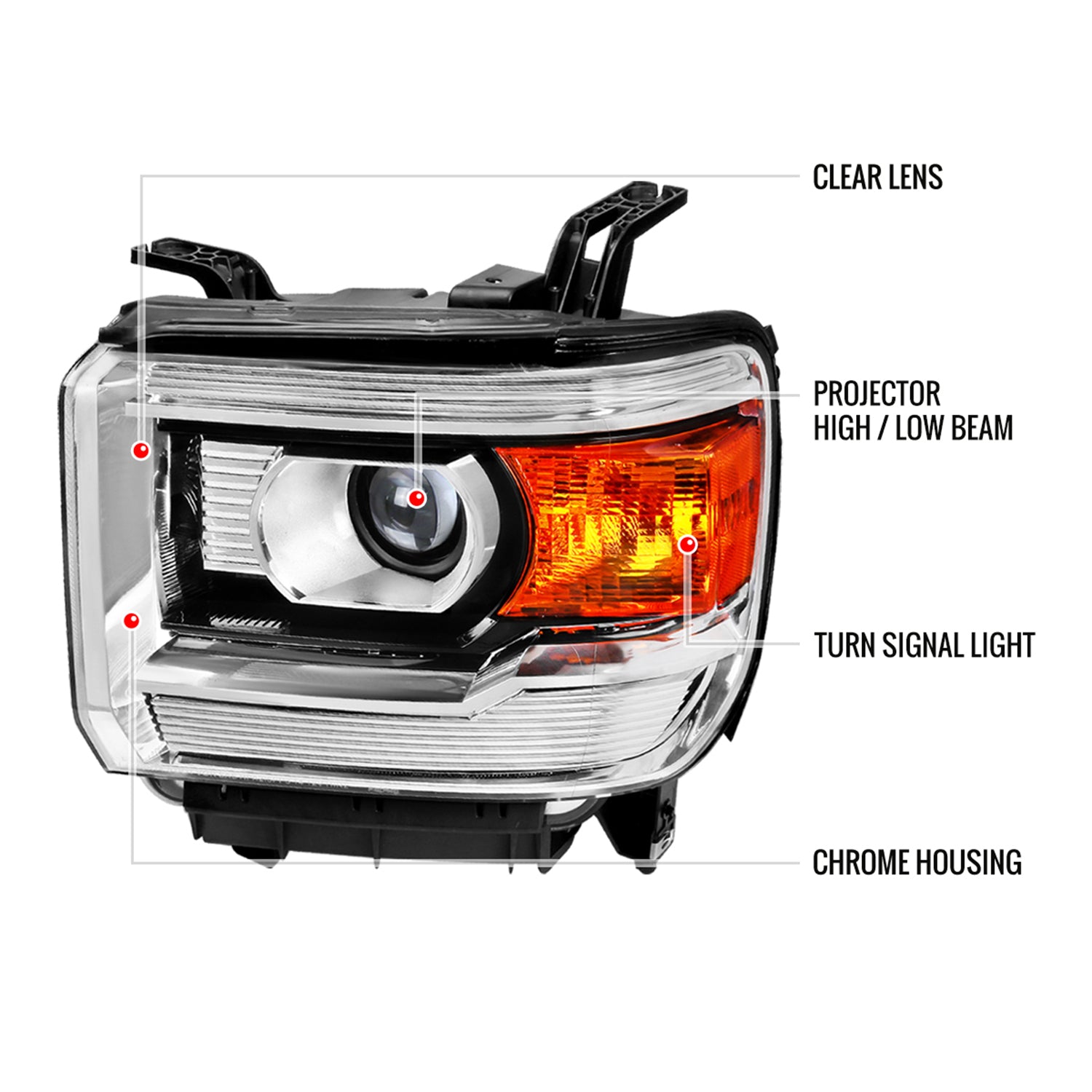 2014-2019 GMC Sierra 1500/2500 HD/3500 HD Projector Headlights Chrome/Clear
