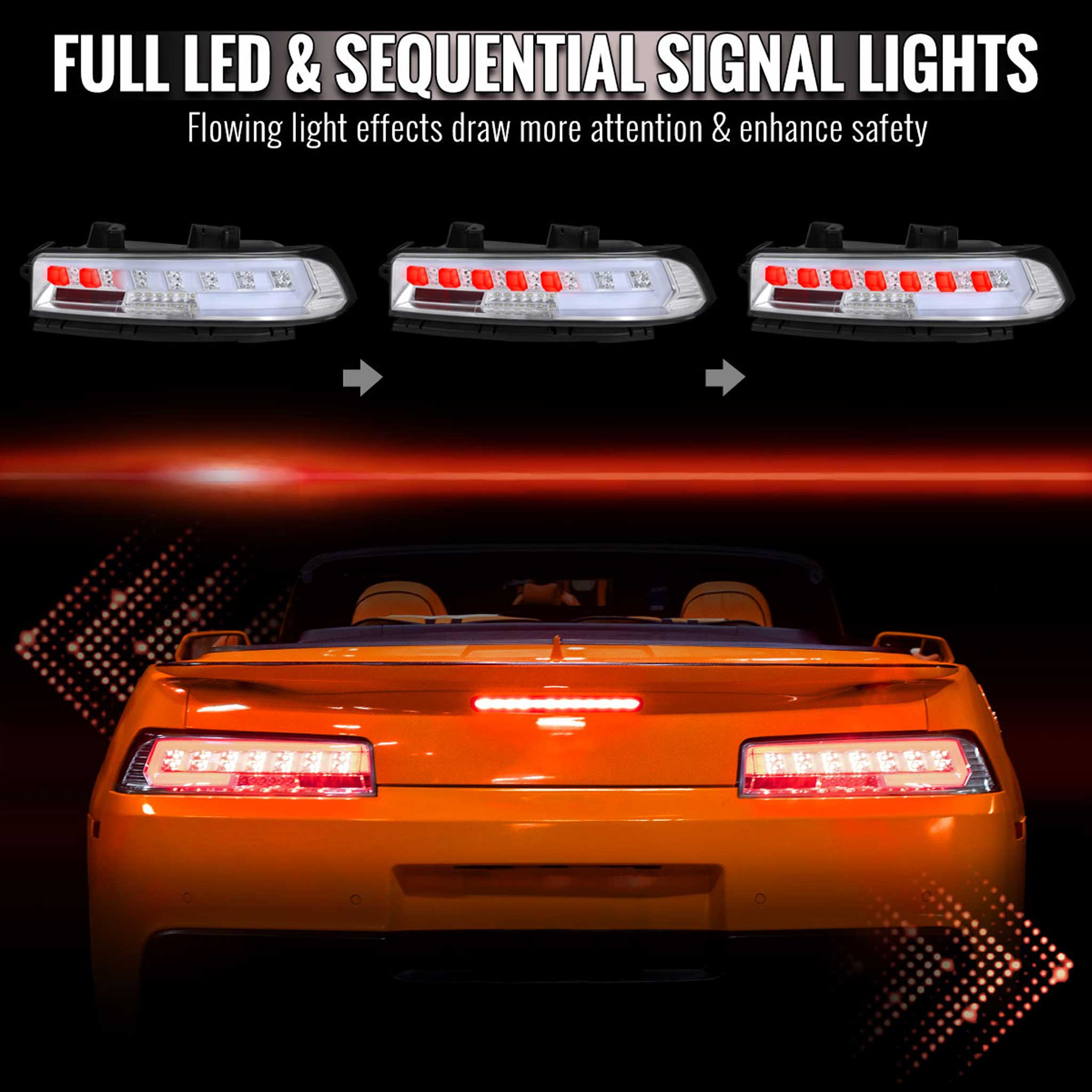 For Chevrolet Camaro 2014-2015 Full Red LED Sequential Tail Light Chrome Housing Clear Lens
