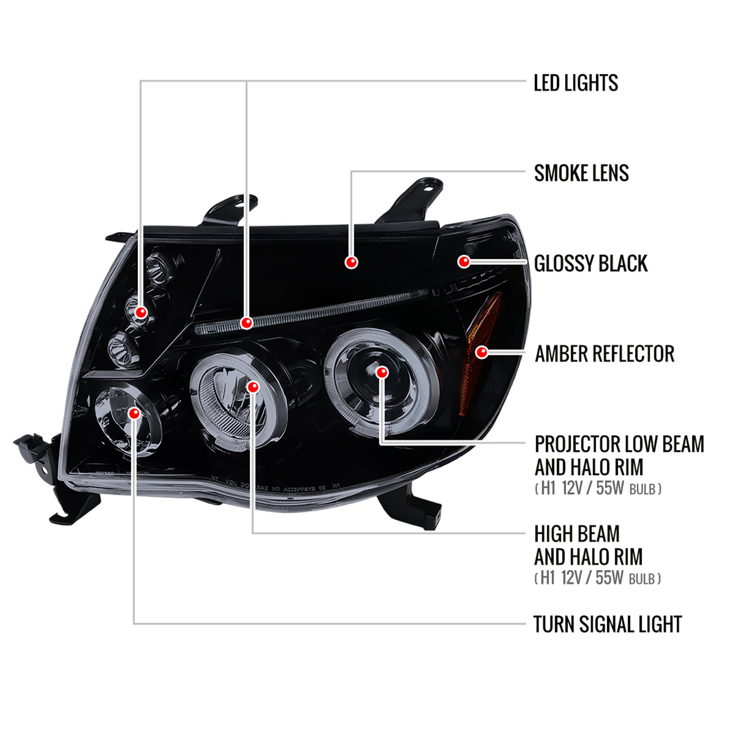 2005-2011 Toyota Tacoma Dual Halo Projector Headlights Glossy Black/Smoke Lens