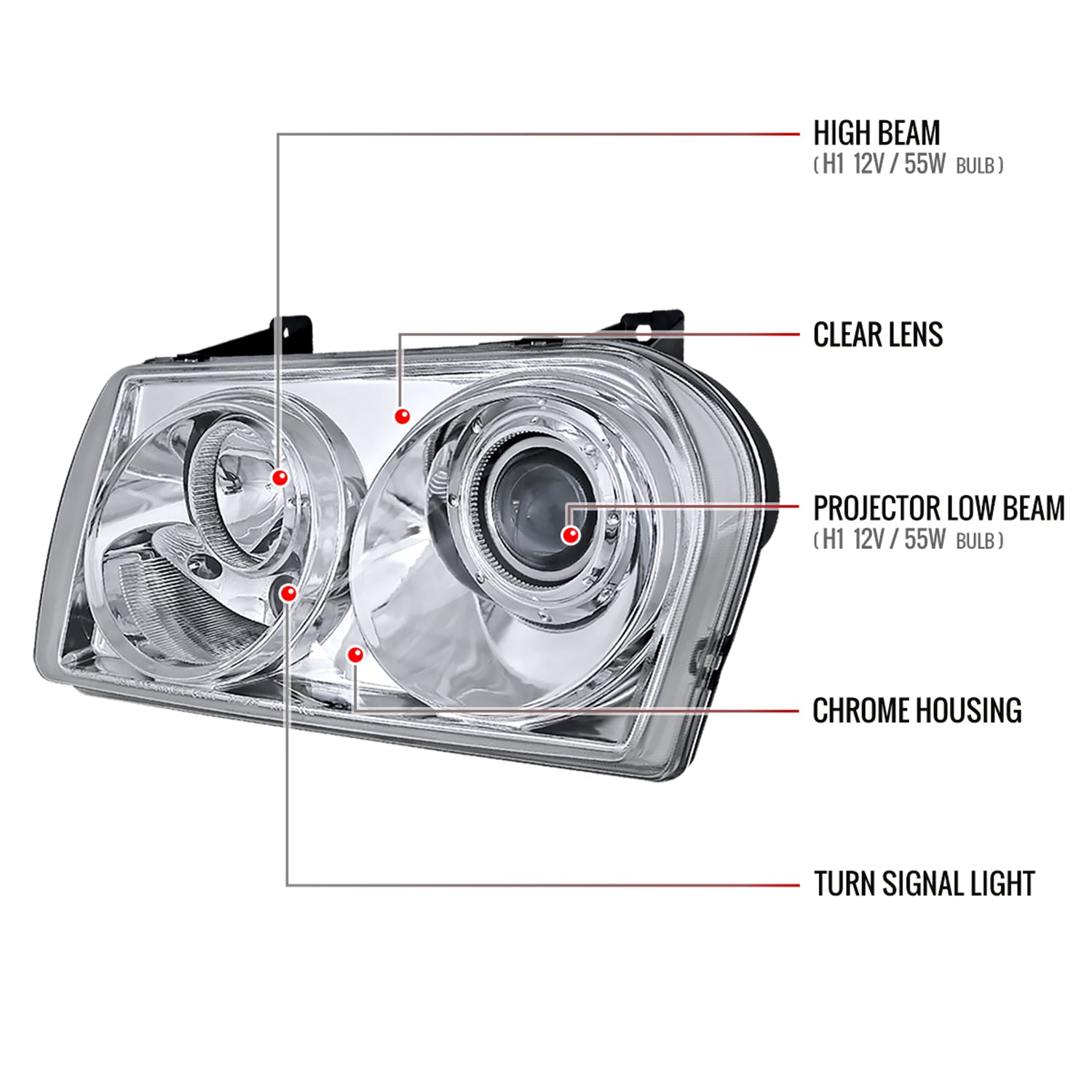 2005-2010 Chrysler 300 Base/LX/Touring Projector Headlights Chrome/Clear Lens