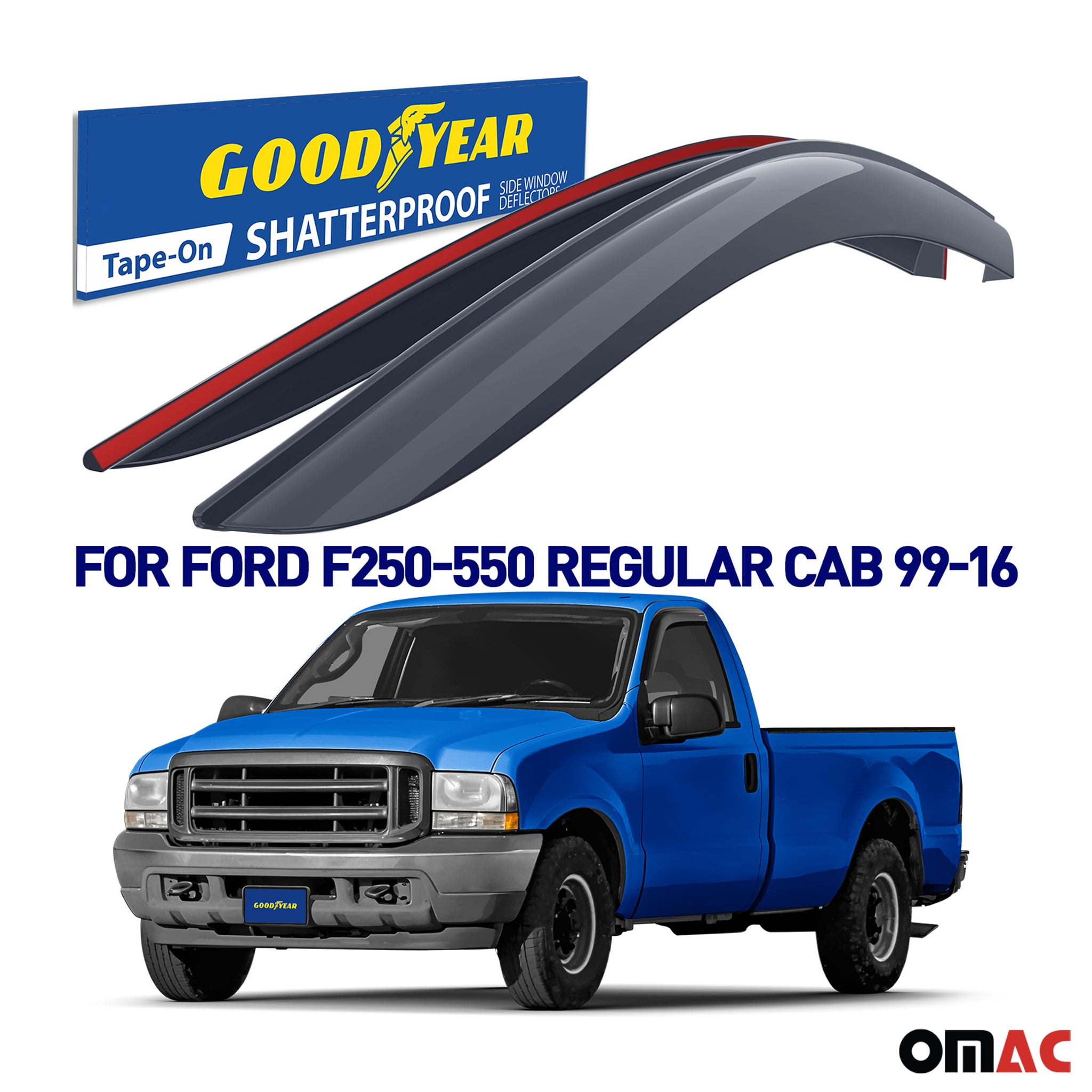Goodyear Wind Deflectors for Ford F250 1999-2009 Regular Cab Tape-On Smoke 2 pcs