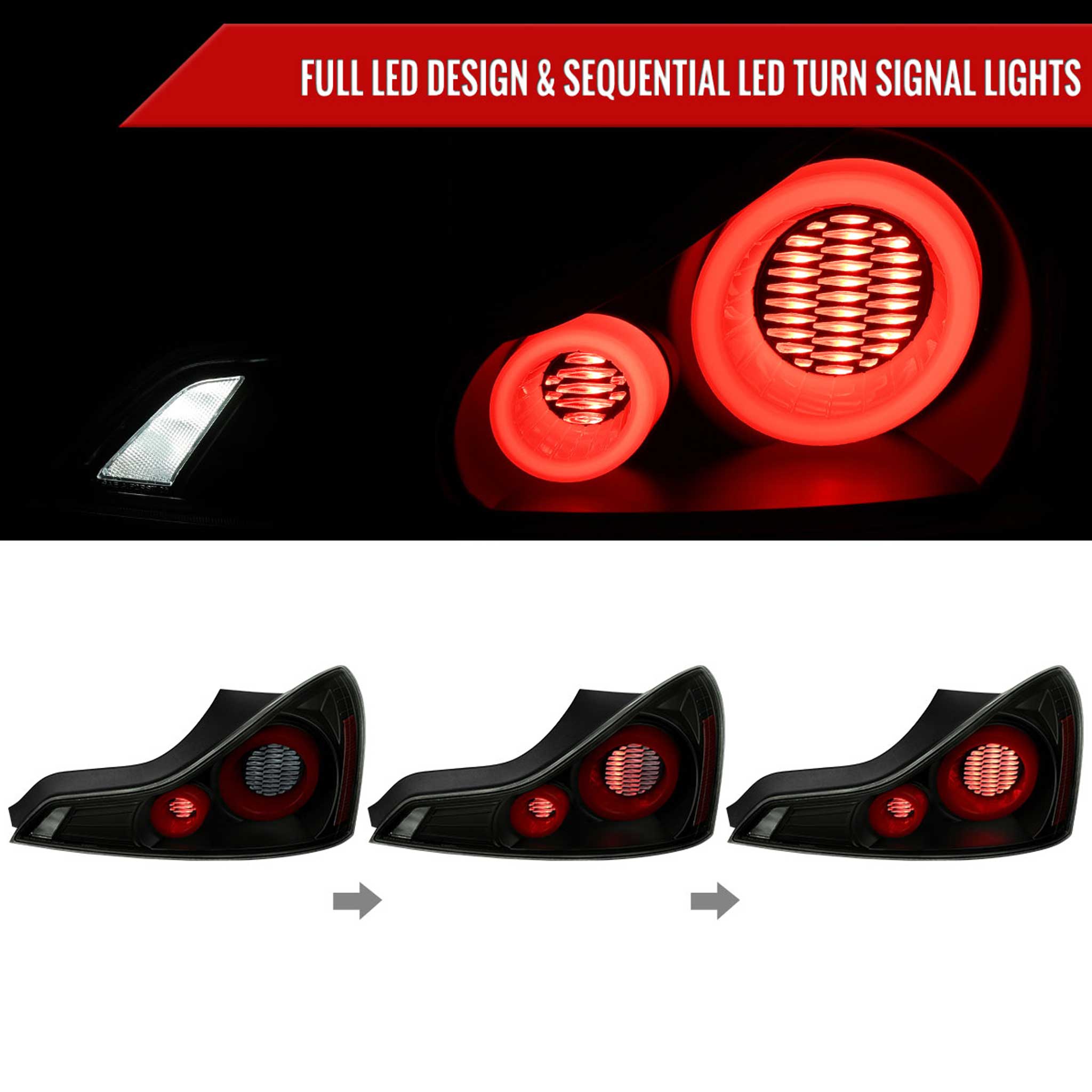 For Infiniti G37 2008-13 / Q60 Coupe 2014-15 Red LED Tail Lights Switchback Sequential Turn Signals Black Housing Smoked Lens
