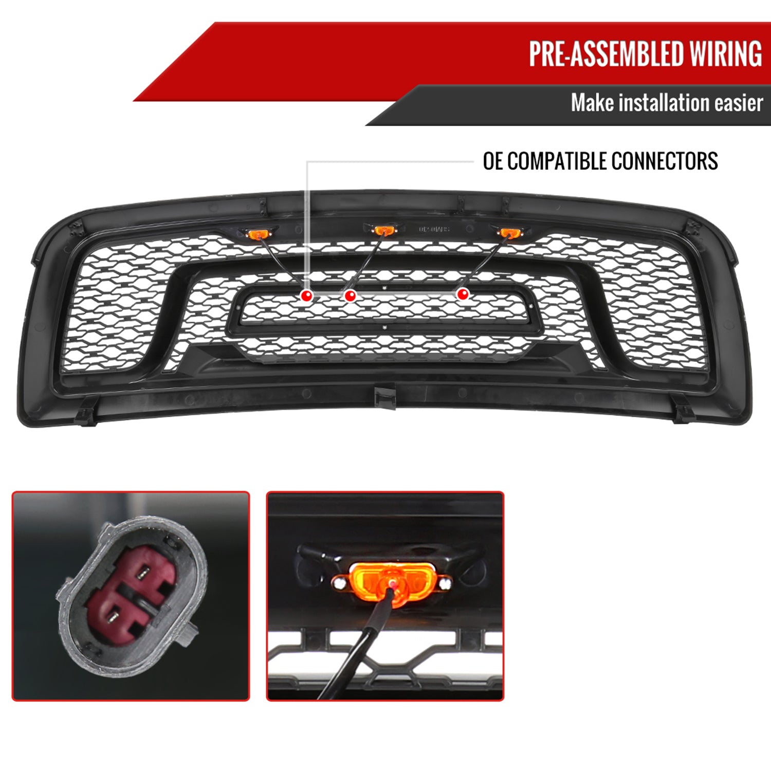 2009-2012 Dodge RAM 1500 Rebel Style Front hood Grille w/ Amber LED Lights