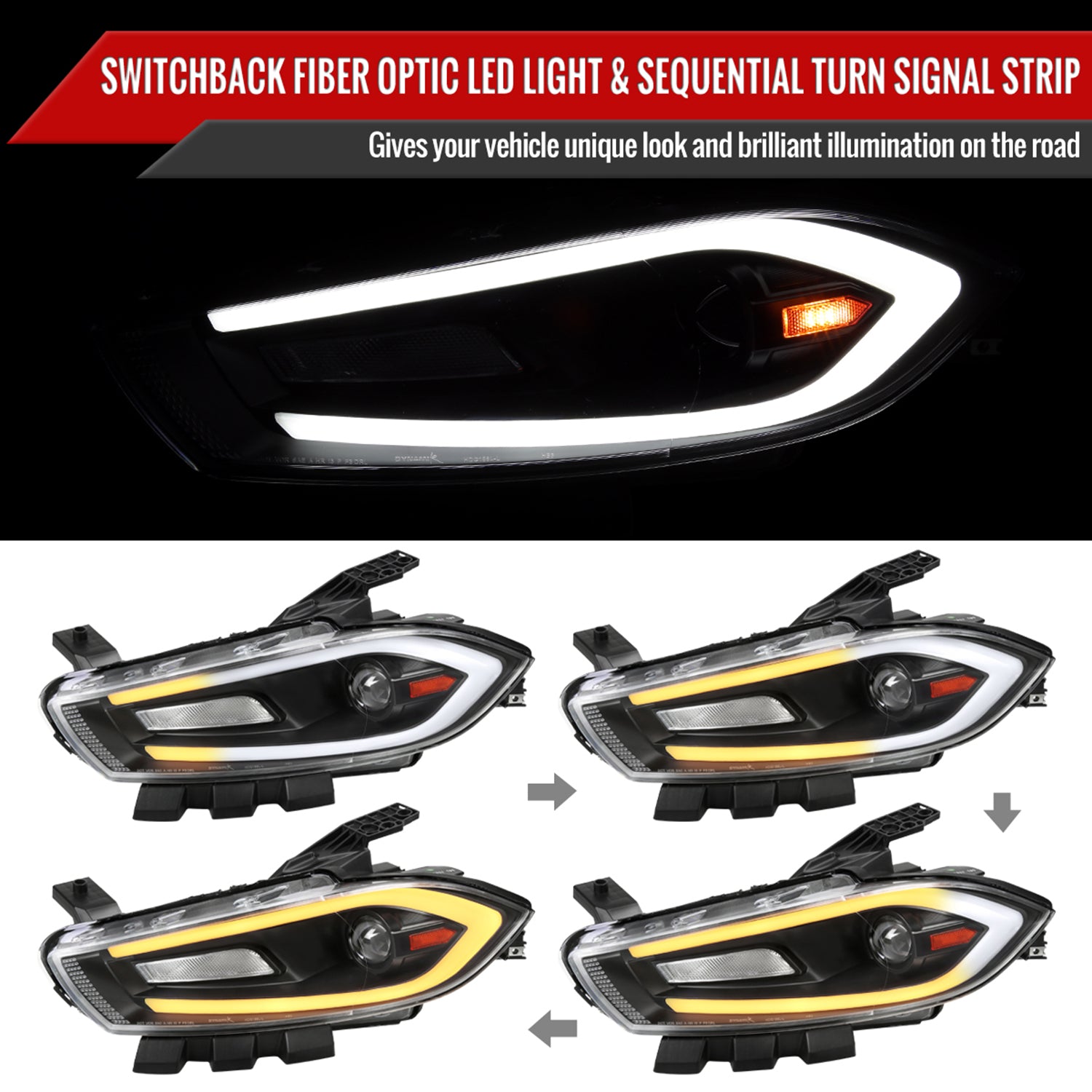 2013-2016 Dodge Dart Sequential Animated LED Bar Projector Headlights Black