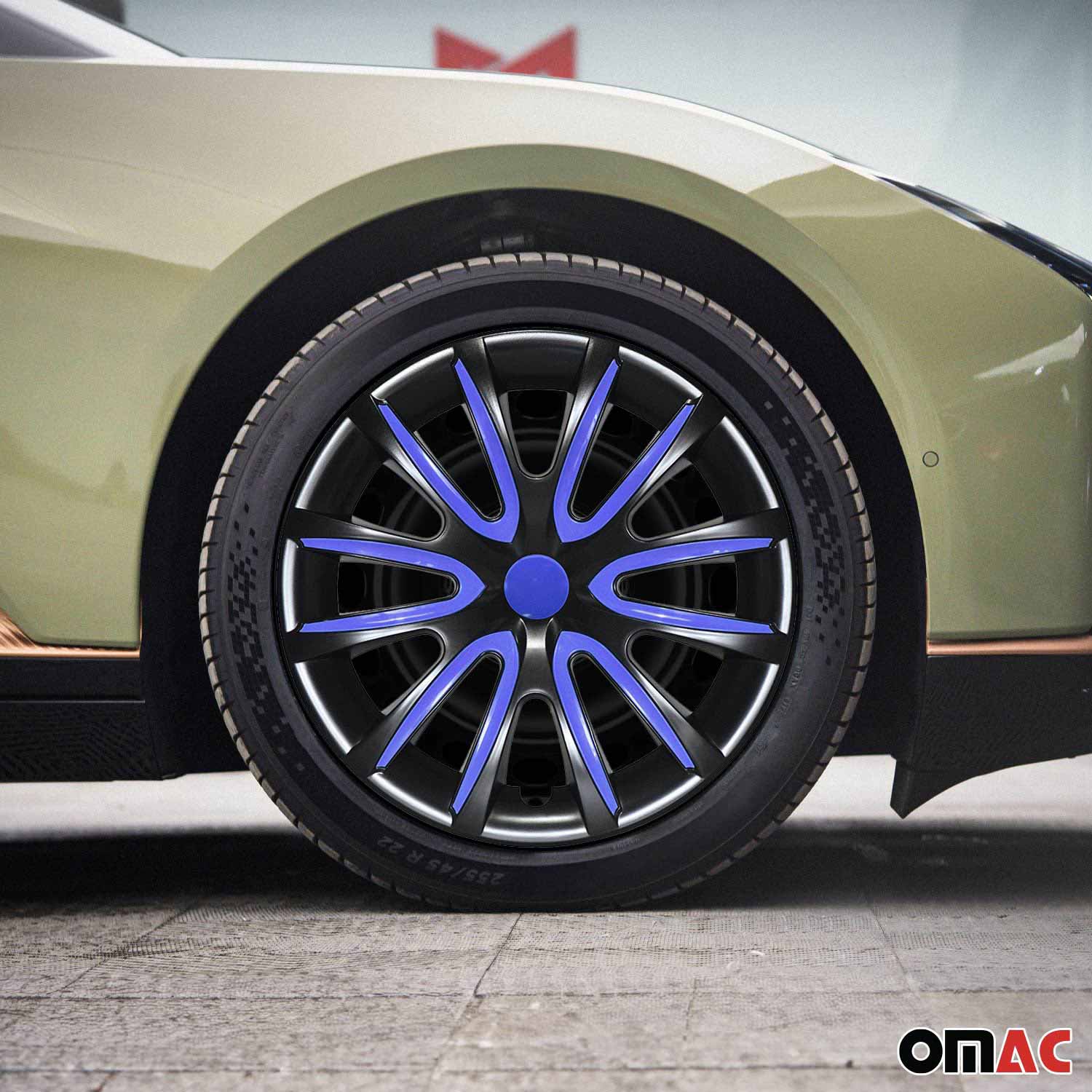 16" Hubcaps Wheel Cover Glossy Black with Dark Blue Insert Durable 4Pcs Full Set
