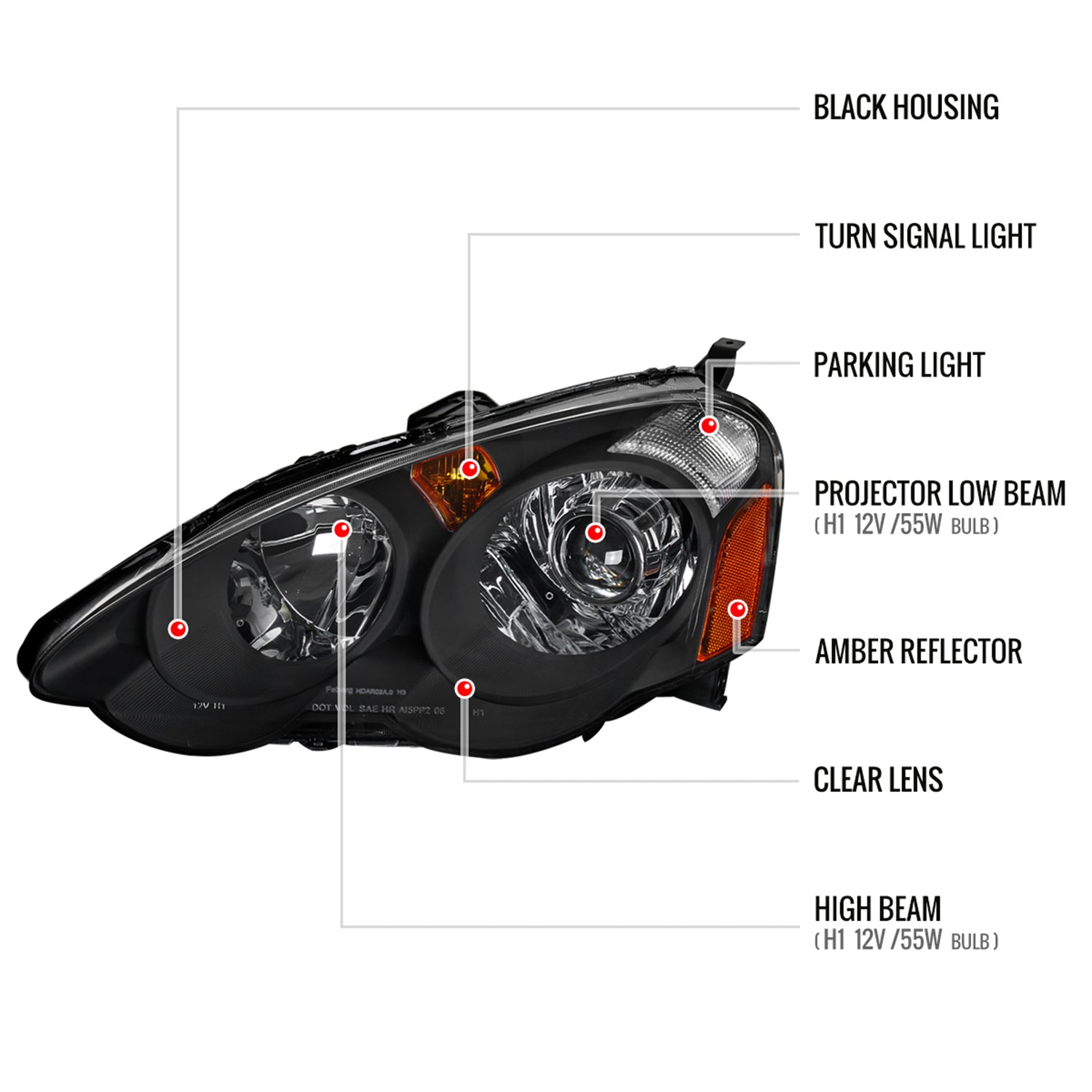 2002-2004 Acura RSX Retro Projector Headlights Amber Reflectors Matt Black