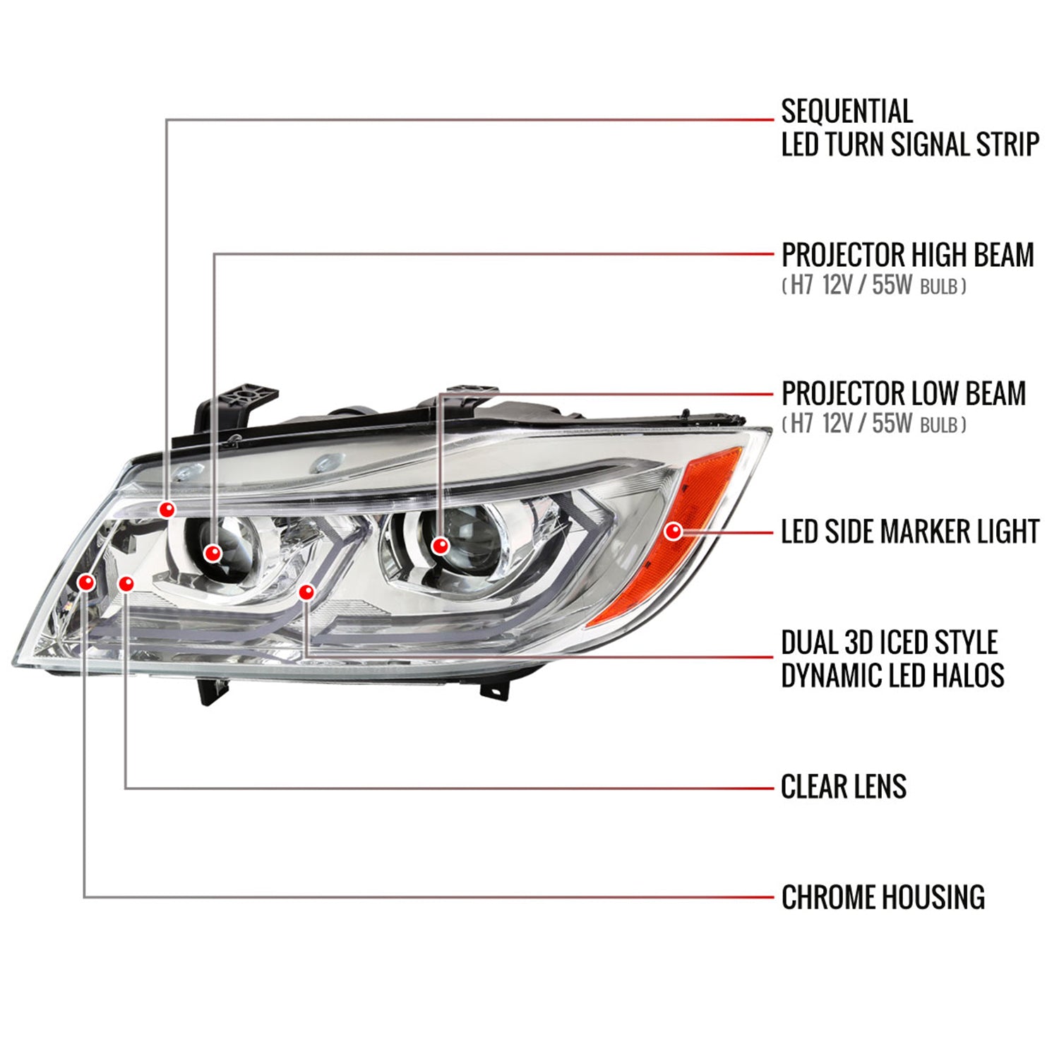 2006-2011 BMW E90 3 Series Sedan 3D Iced LED Dual Projector Headlights Chrome