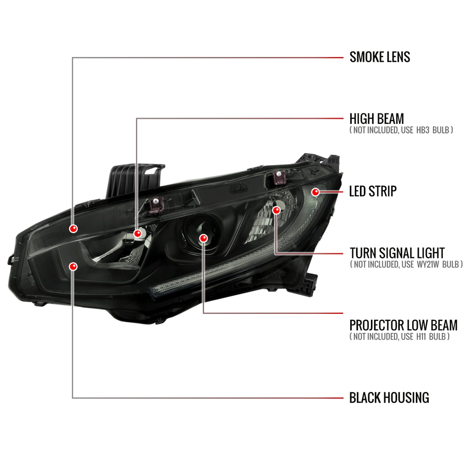 2016-2021 Honda Civic LED Strip Factory Projector Headlights Matt Black/Smoke