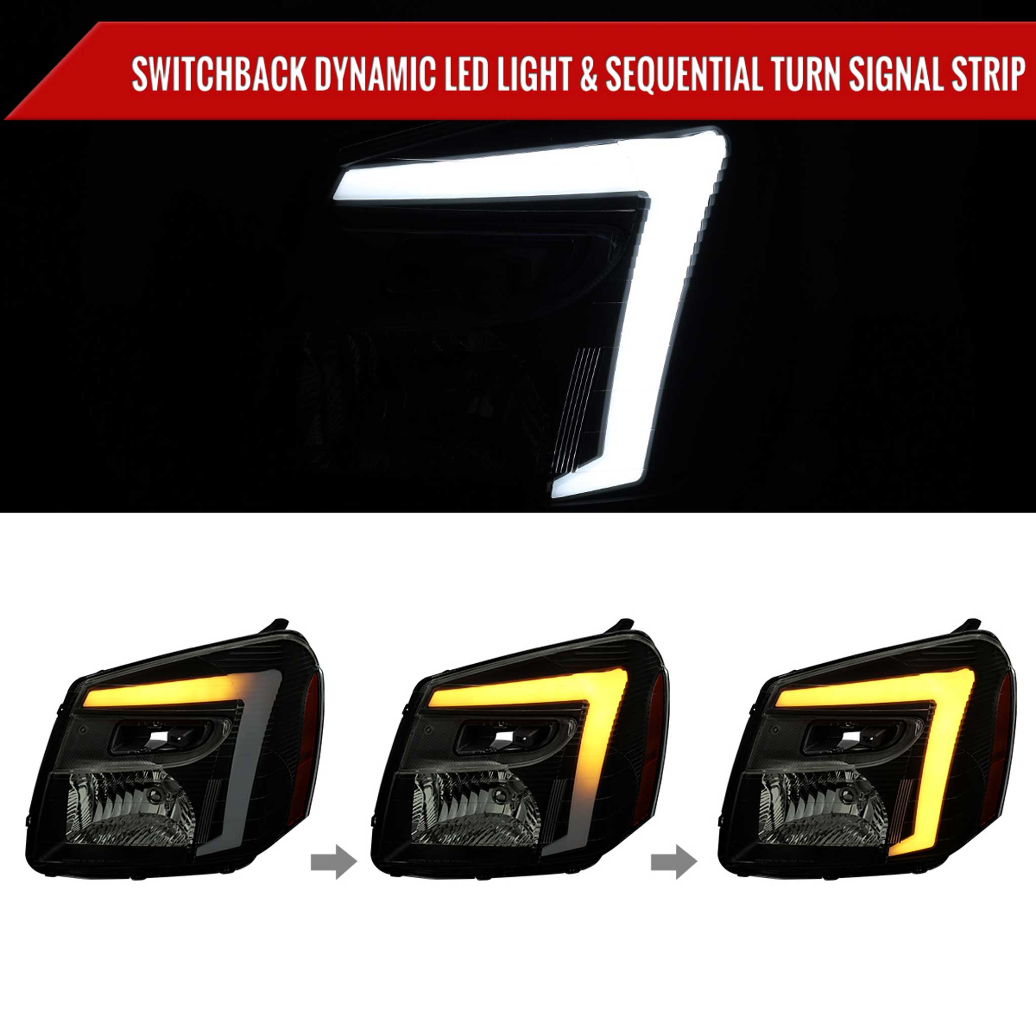 For Chevrolet Equinox 2005-2009 Headlights Switchback LED Bar Turn Signal Matte Black Housing Smoked Lens