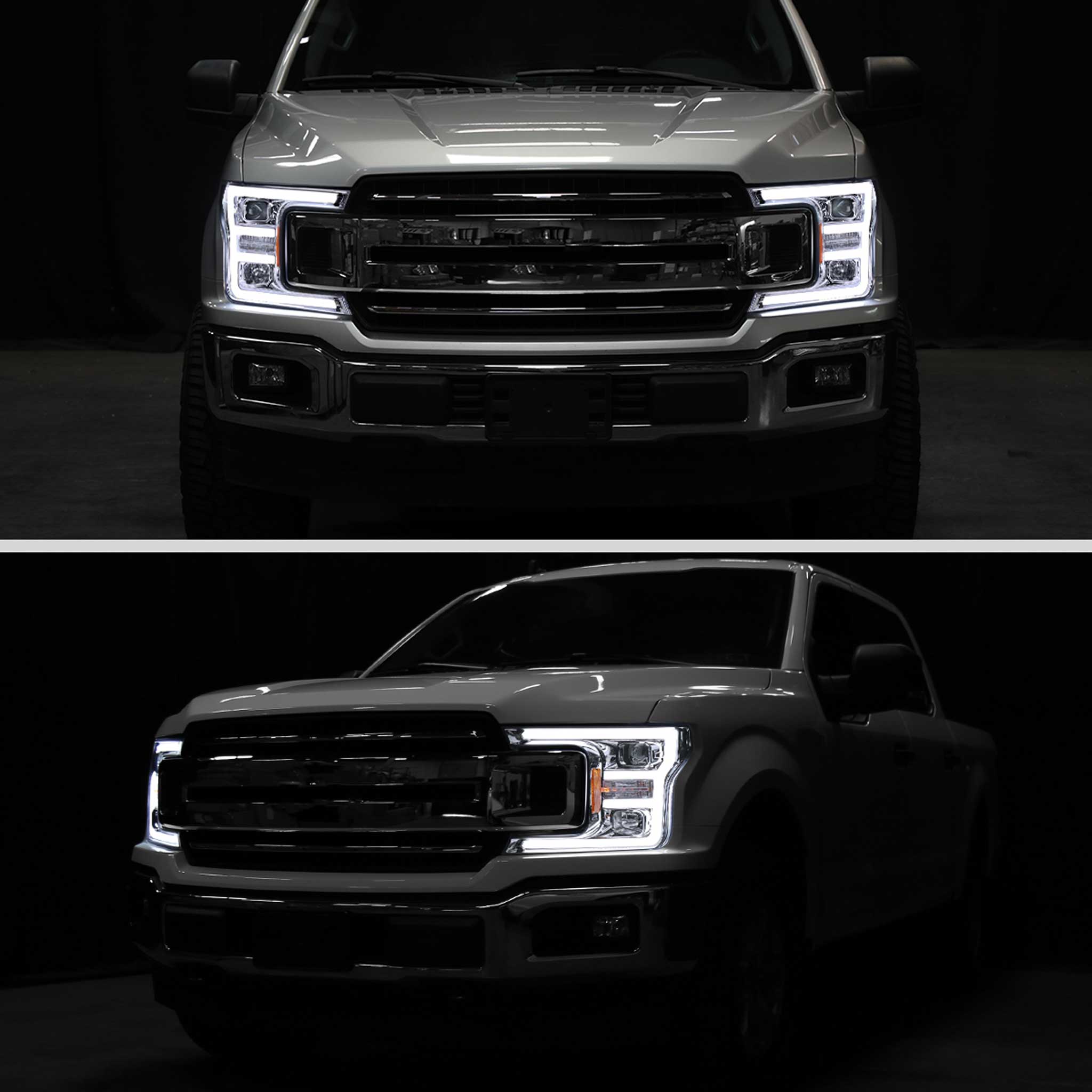 For Ford F-150 2018-2020 LED C Bar Projector Headlights Chrome Housing Clear Lens