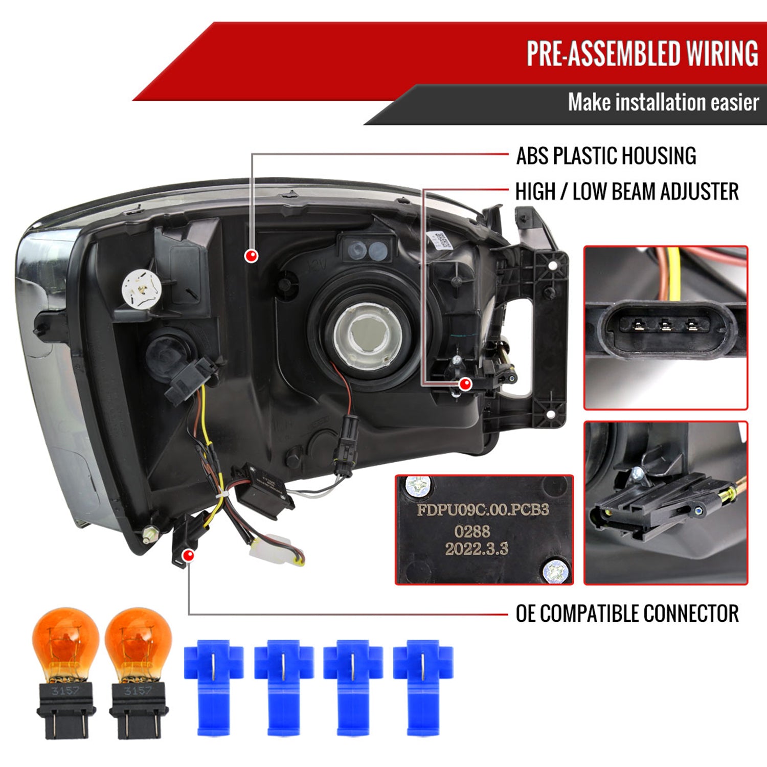 2006-2008 Dodge RAM 1500/ RAM 2500 3500 LED Headlights Amber Reflector & Smoke