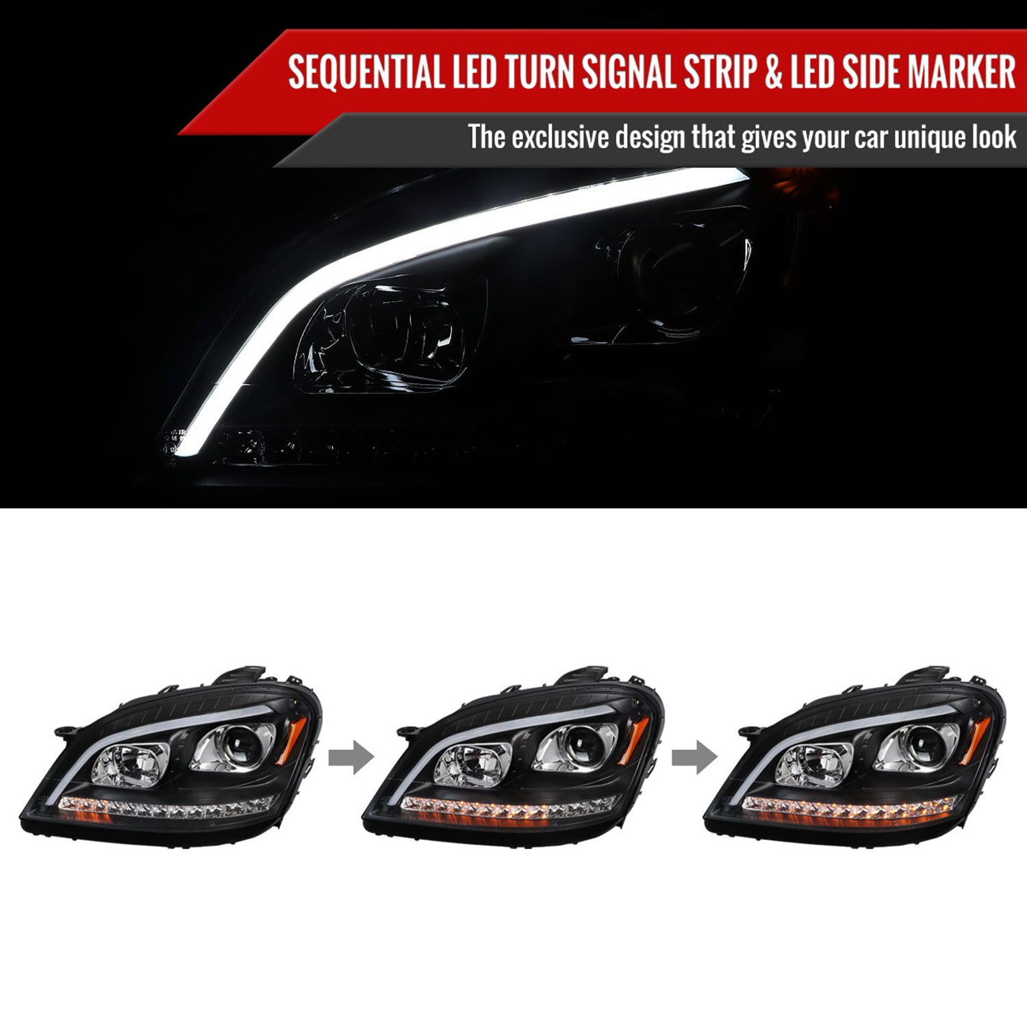 2006-2008 Mercedes W164 ML Class LED Bar Headlights Signal Lights Matte Black