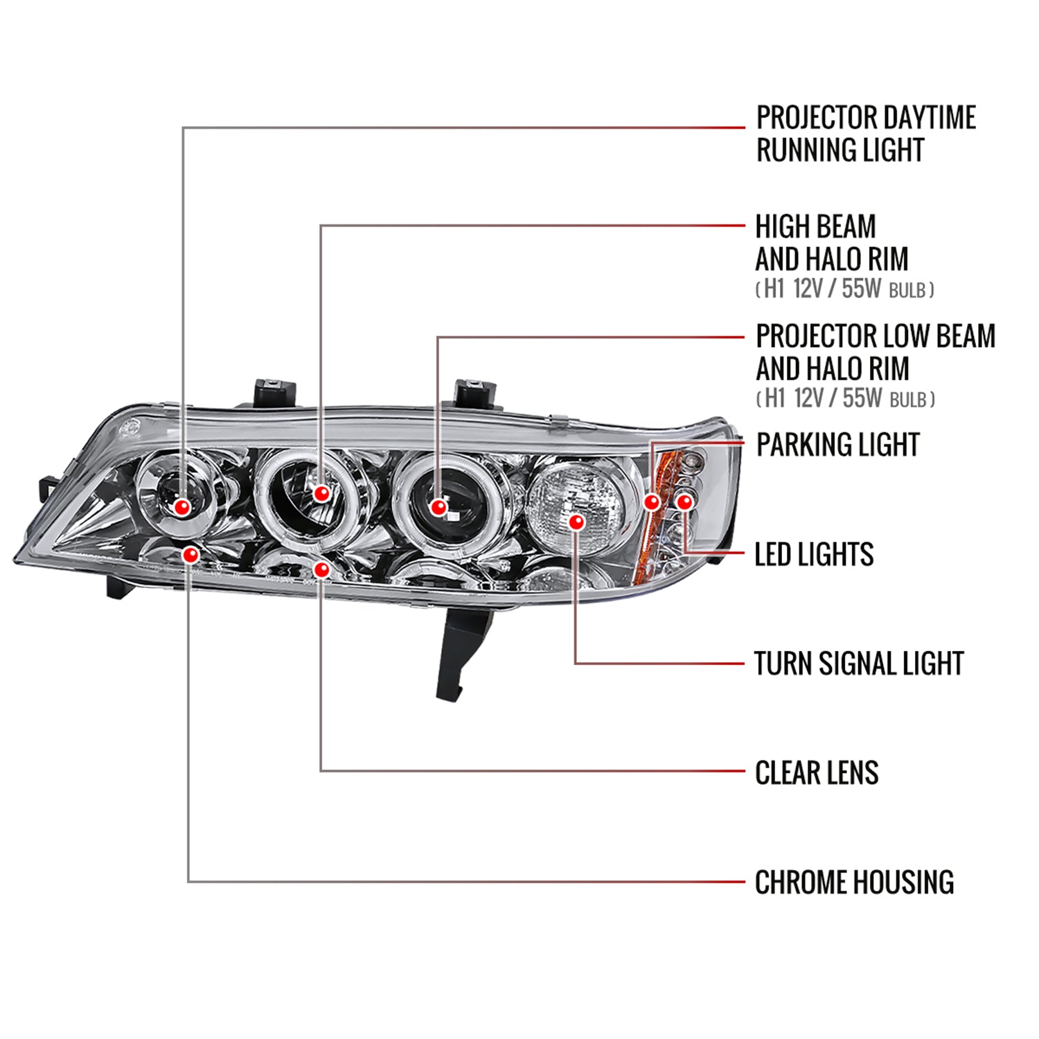 1994-1997 Honda Accord Dual Halo Projector Headlights Chrome/Clear Lens