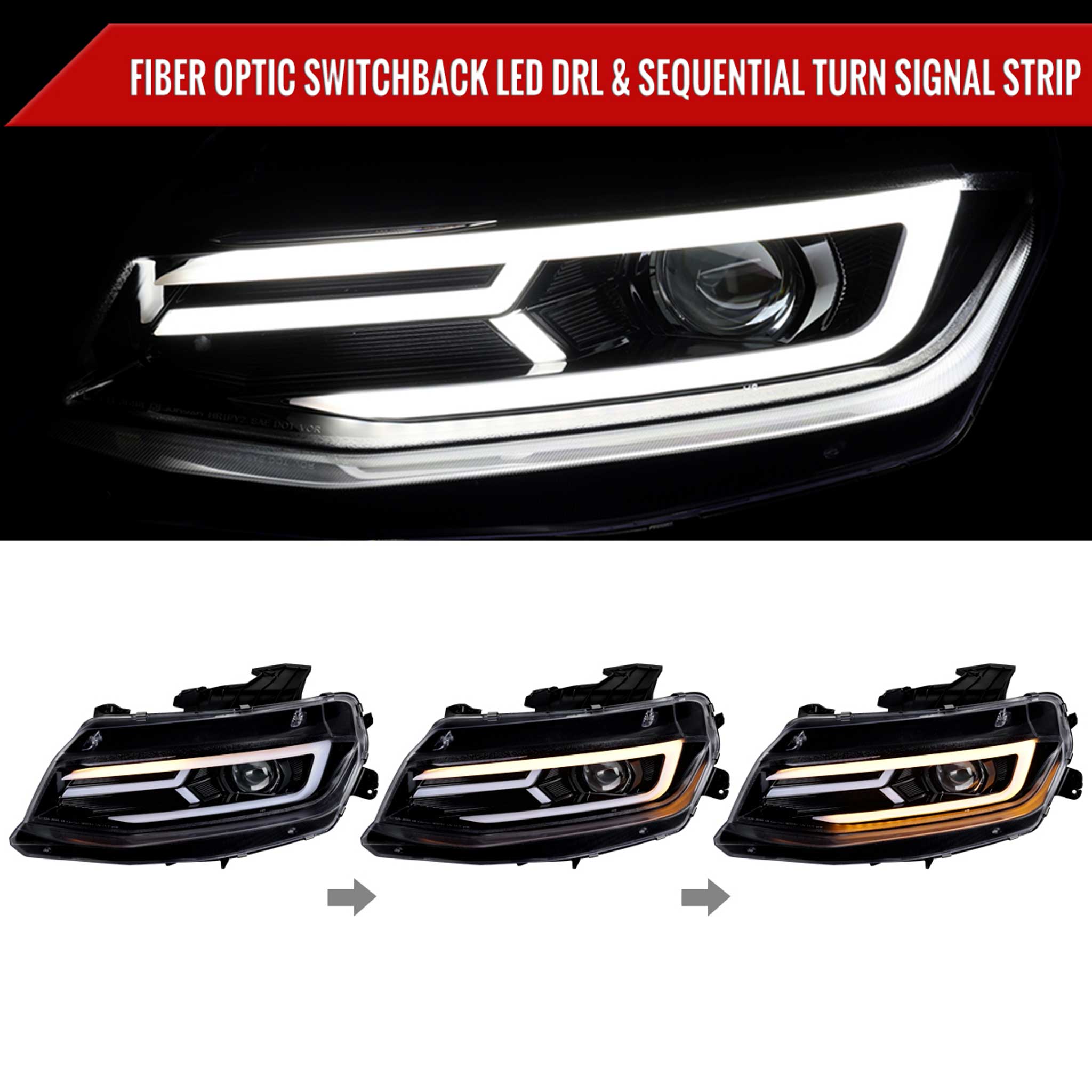 For Chevrolet Camaro 2016-2018 LED Strip Projector Headlights Turn Signal Light Glossy Black Housing Clear Lens