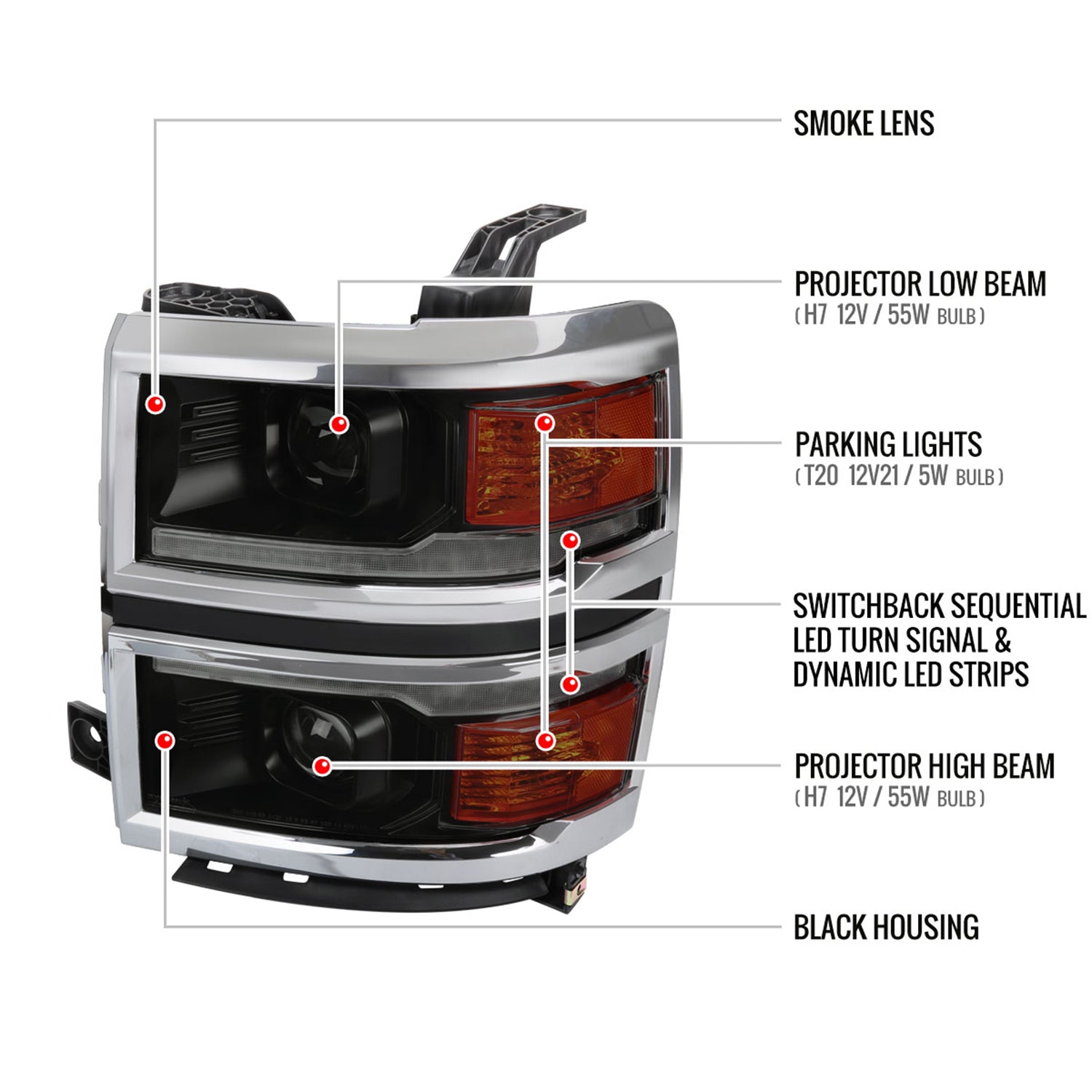 2014-2015 Chevy Silverado 1500 LED Bar Projector Headlights Smoke/Chrome Trim