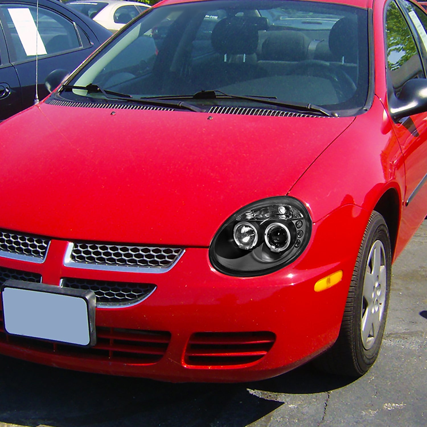 2003-2005 Dodge Neon Dual Halo Projector Headlights Matte Black/Clear Lens