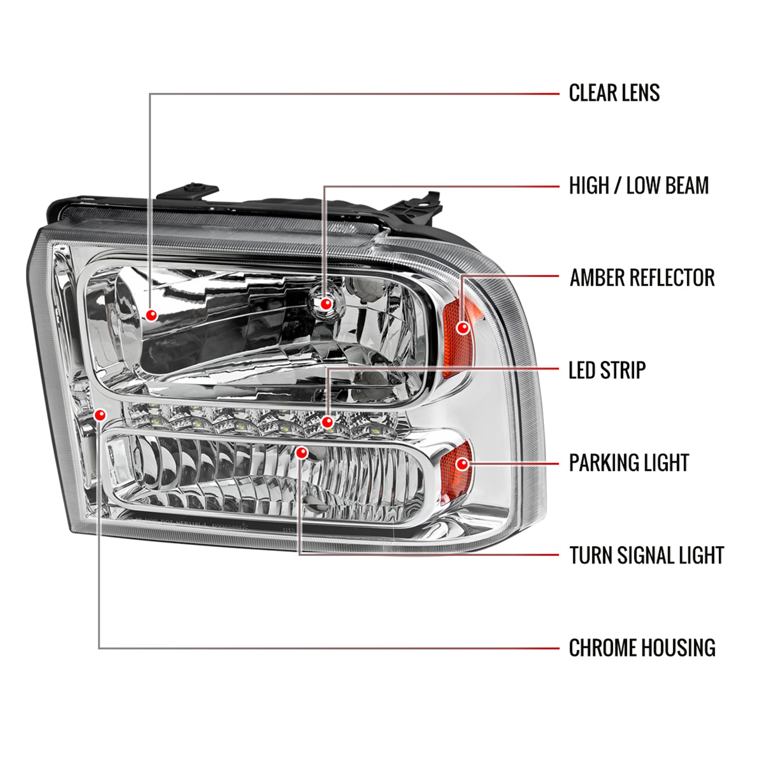2005-2007 Ford F-250/350/450/550/Excursion Crystal Headlights LED Light Chrome