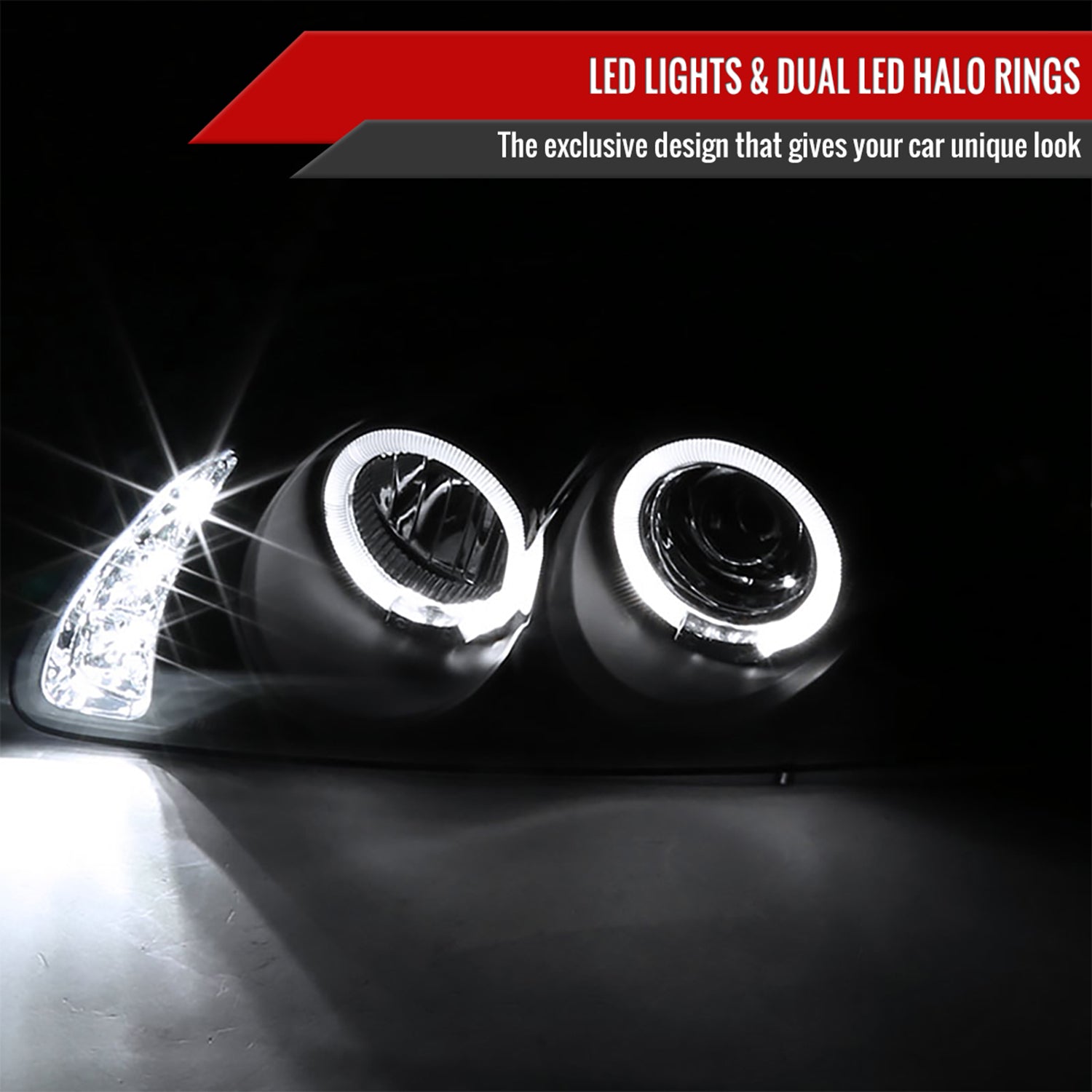 2000-2003 Nissan Sentra Dual Halo Projector Headlights Matte Black/Clear Lens